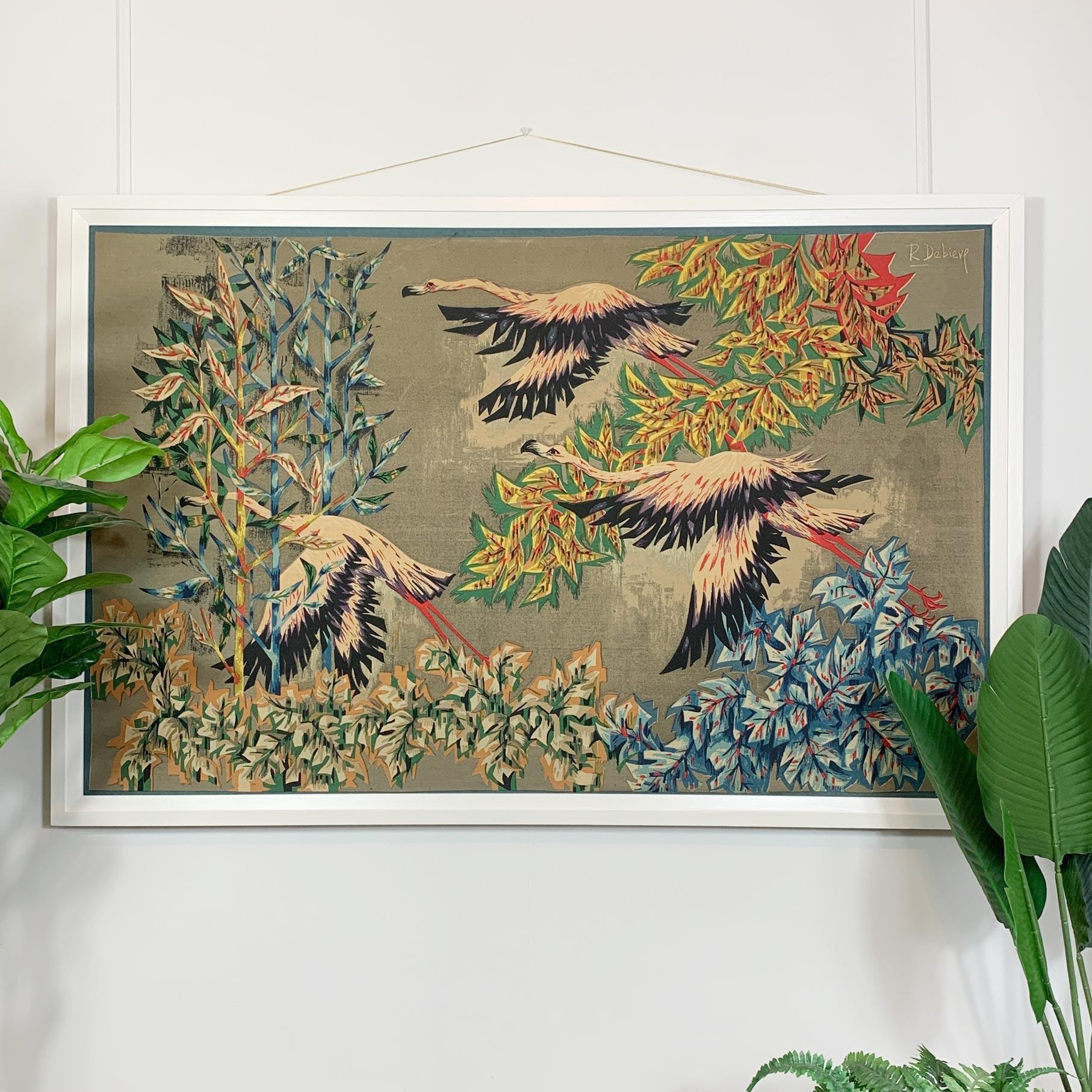 1950’s Robert Debiève Cubist Screen Print ‘Flight of Flamingos’ For Sale 6