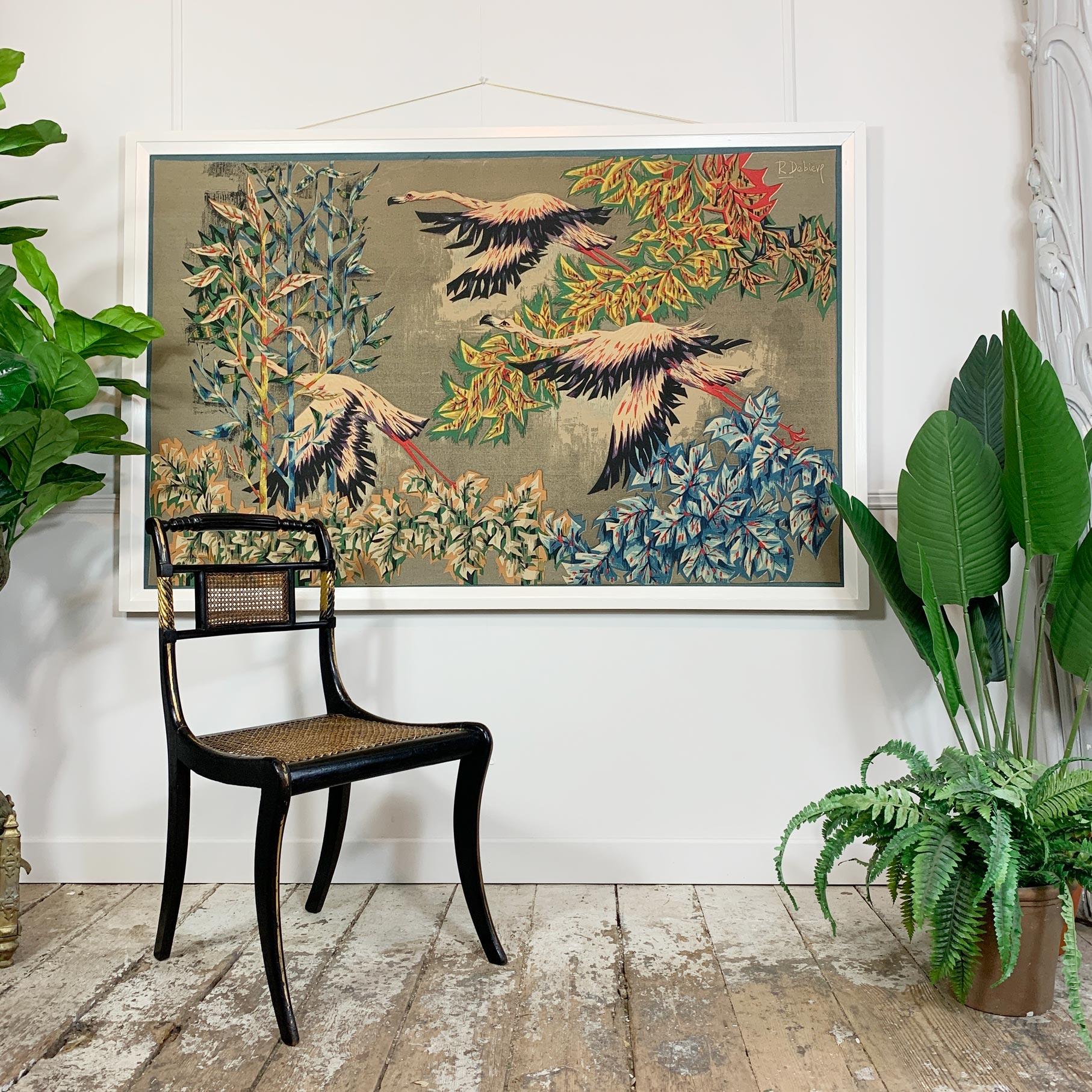 Debiève was a French artist who specialised in cubism and contemporary art work, often referred to as tapestries these pieces are actually screen prints on a variety of medium.

‘The Flight of the Flamingos’, or ‘Le vol de Flamants’ is screen