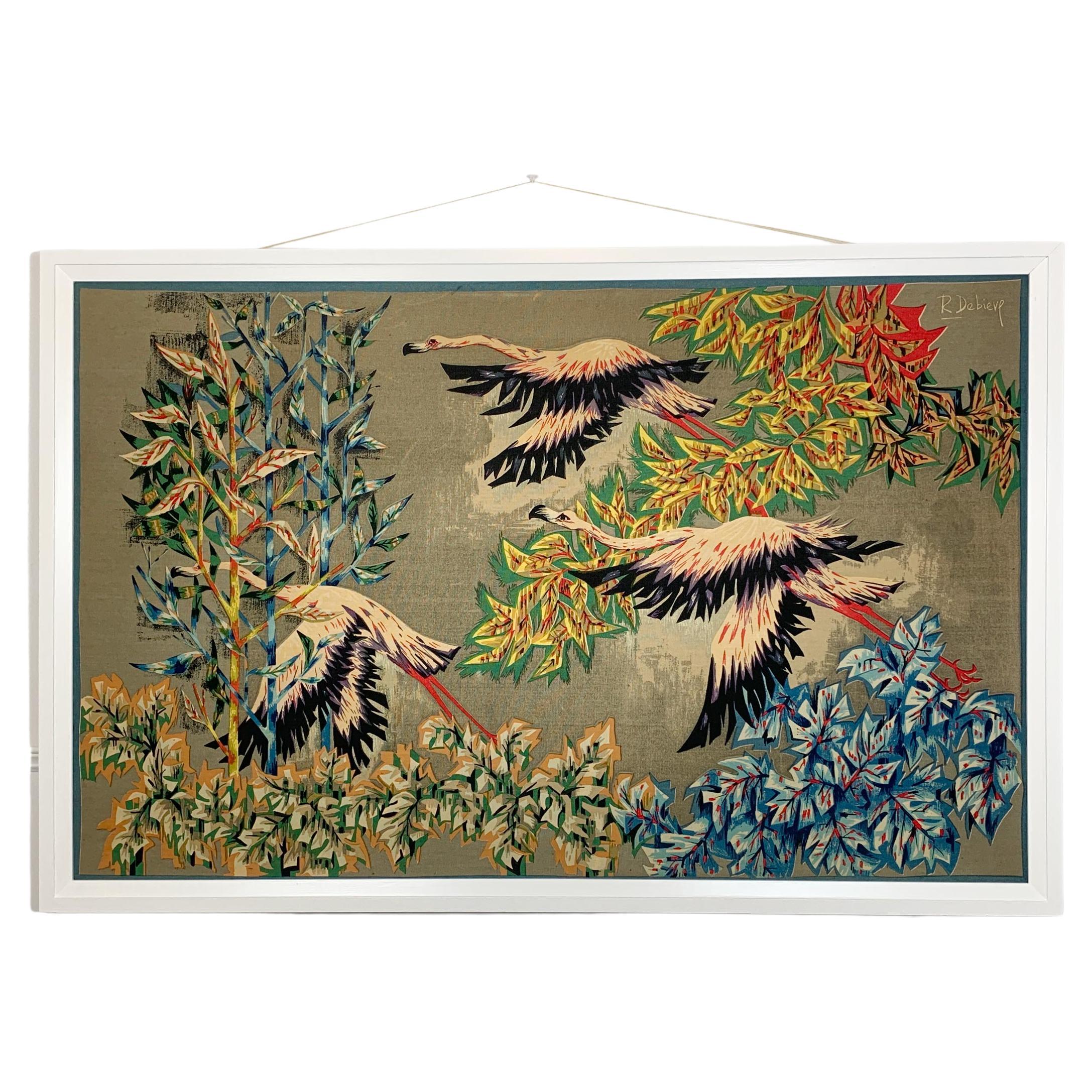 1950’s Robert Debiève Cubist Screen Print ‘Flight of Flamingos’ For Sale