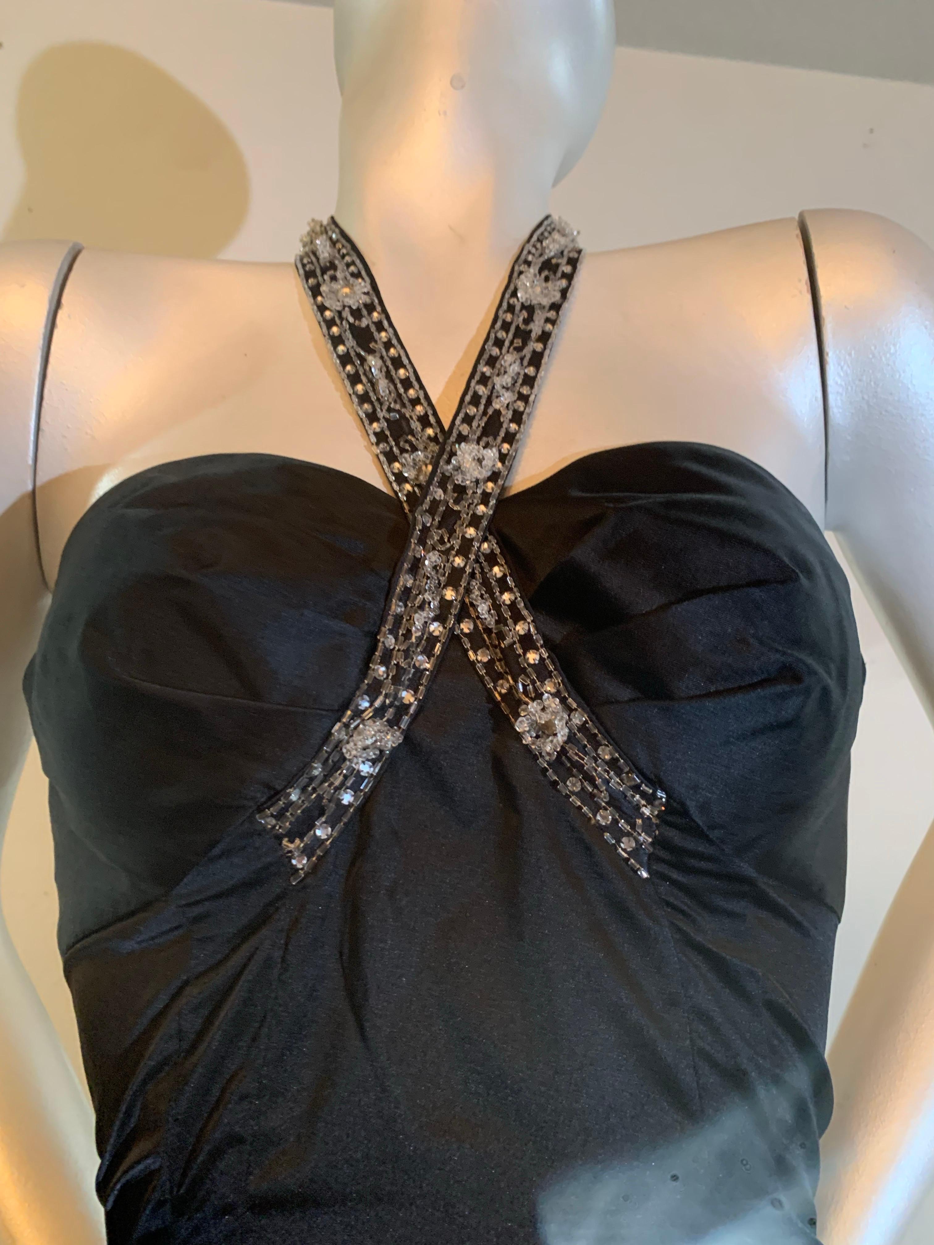 1950s Robert Morton Black Silk Hourglass Sheath Dress w Beaded Crossed Halter In Excellent Condition For Sale In Gresham, OR