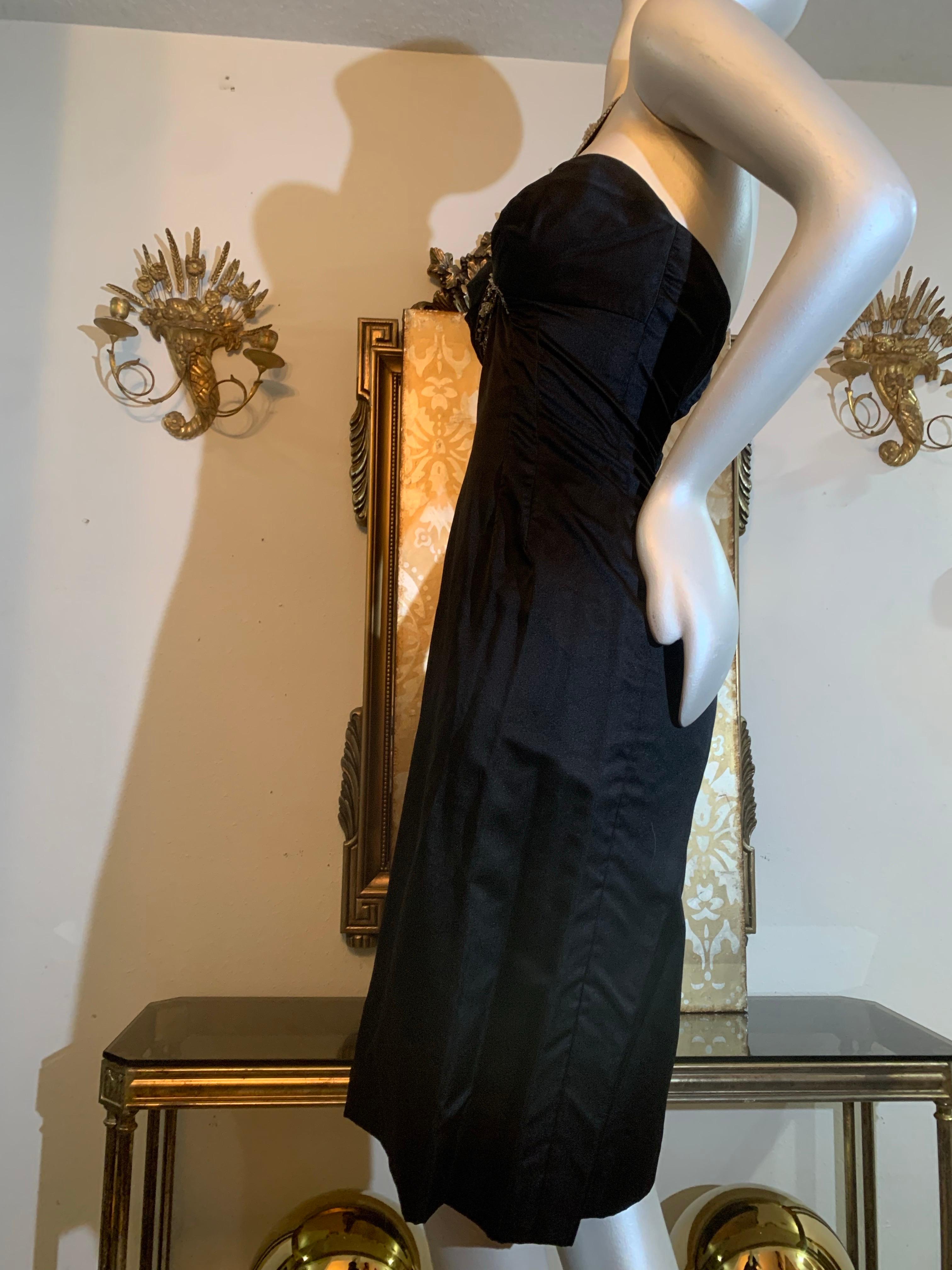 1950s Robert Morton Black Silk Hourglass Sheath Dress w Beaded Crossed Halter For Sale 1