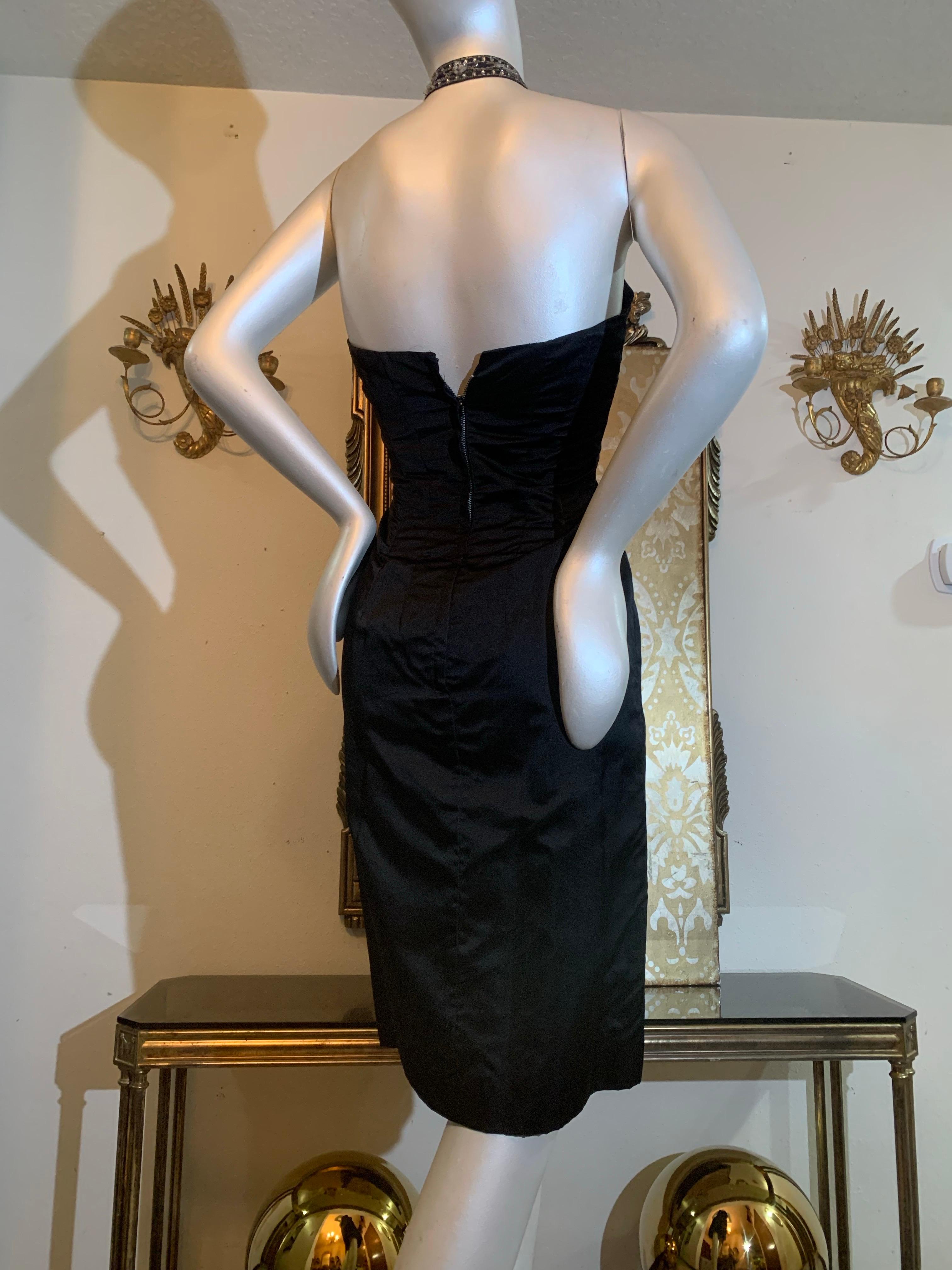 1950s Robert Morton Black Silk Hourglass Sheath Dress w Beaded Crossed Halter For Sale 2