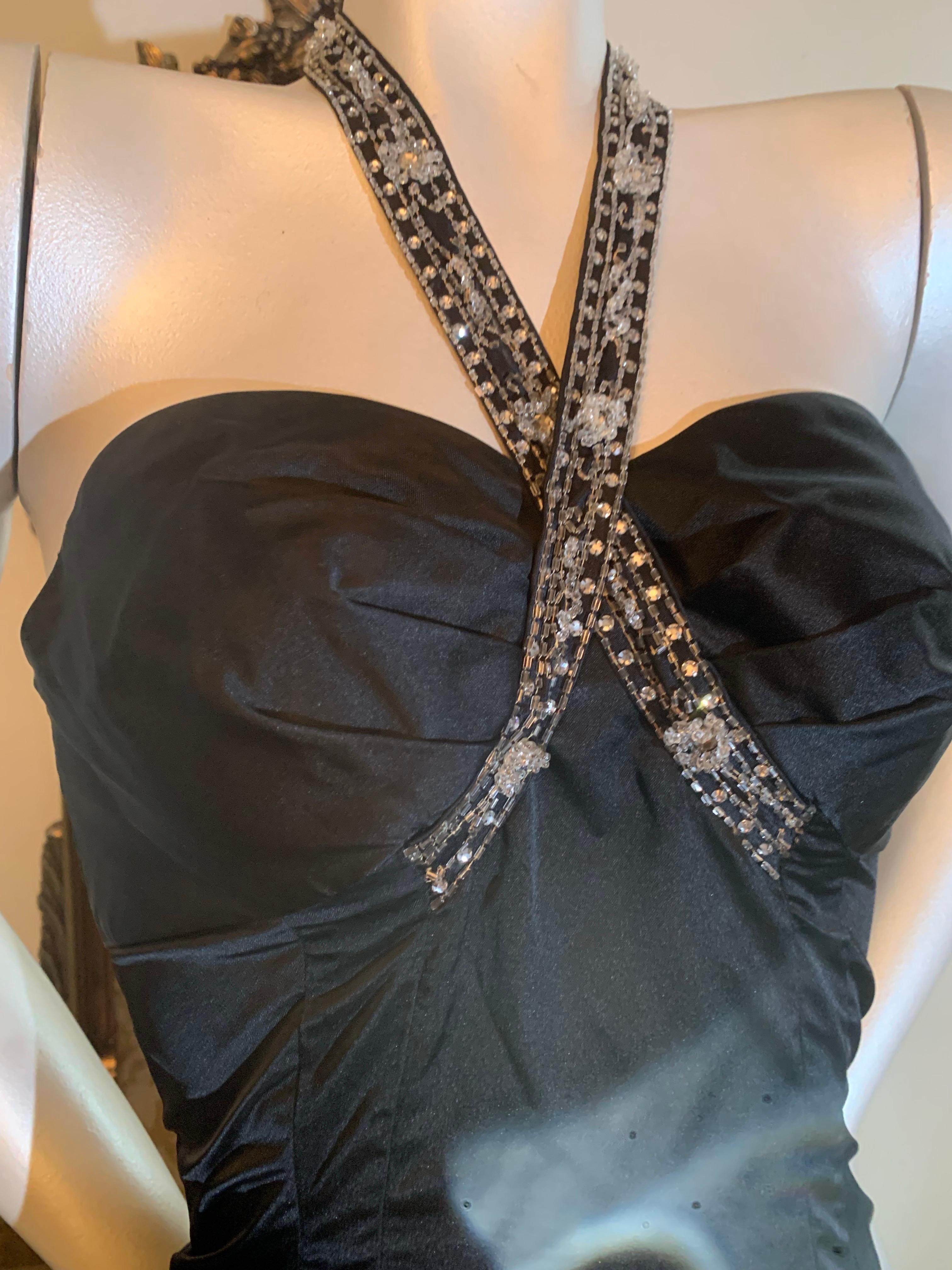 1950s Robert Morton Black Silk Hourglass Sheath Dress w Beaded Crossed Halter For Sale 3