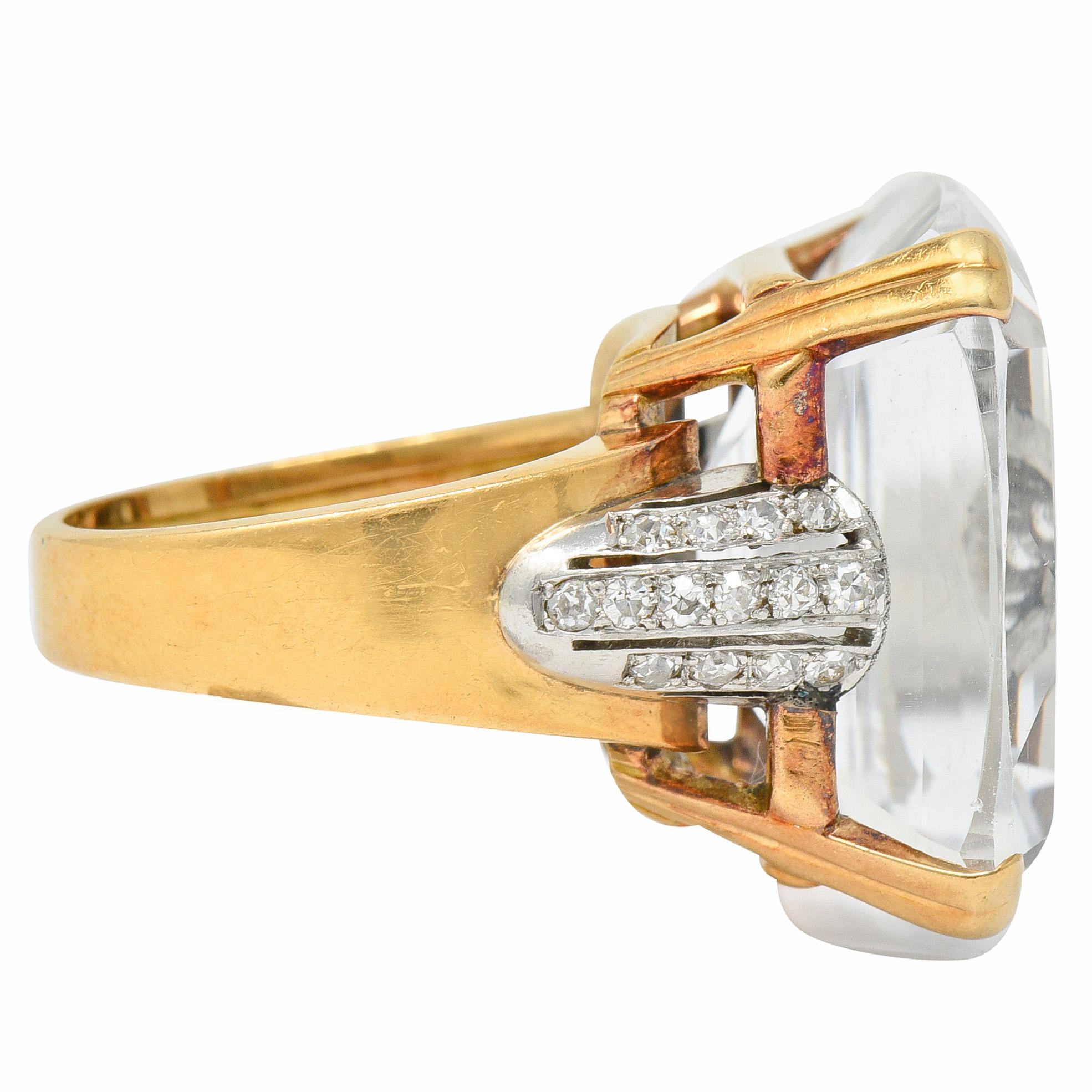 Retro 1950's Rock Crystal Quartz Diamond 18 Karat Two-Tone Gold Statement Ring