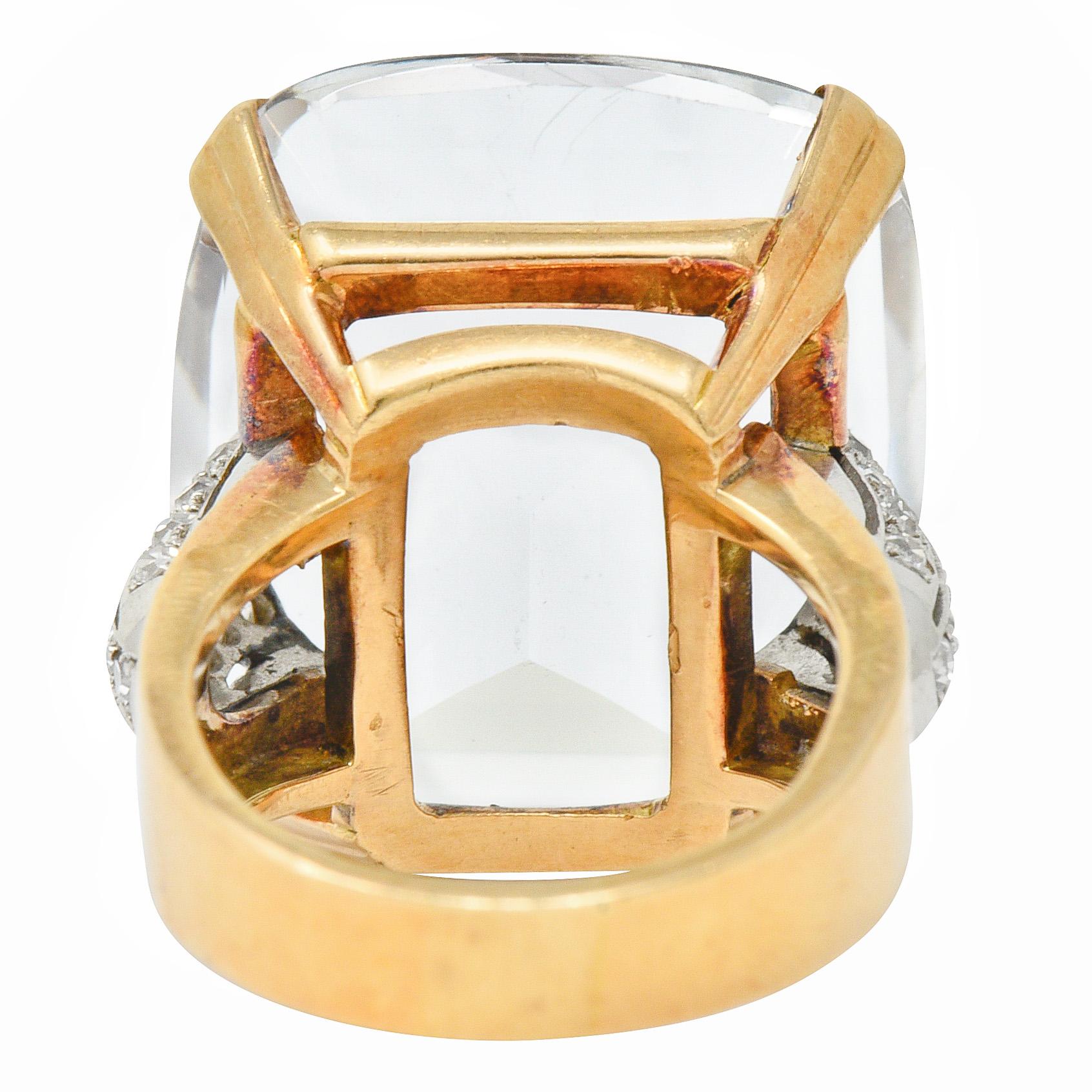 Cushion Cut 1950's Rock Crystal Quartz Diamond 18 Karat Two-Tone Gold Statement Ring