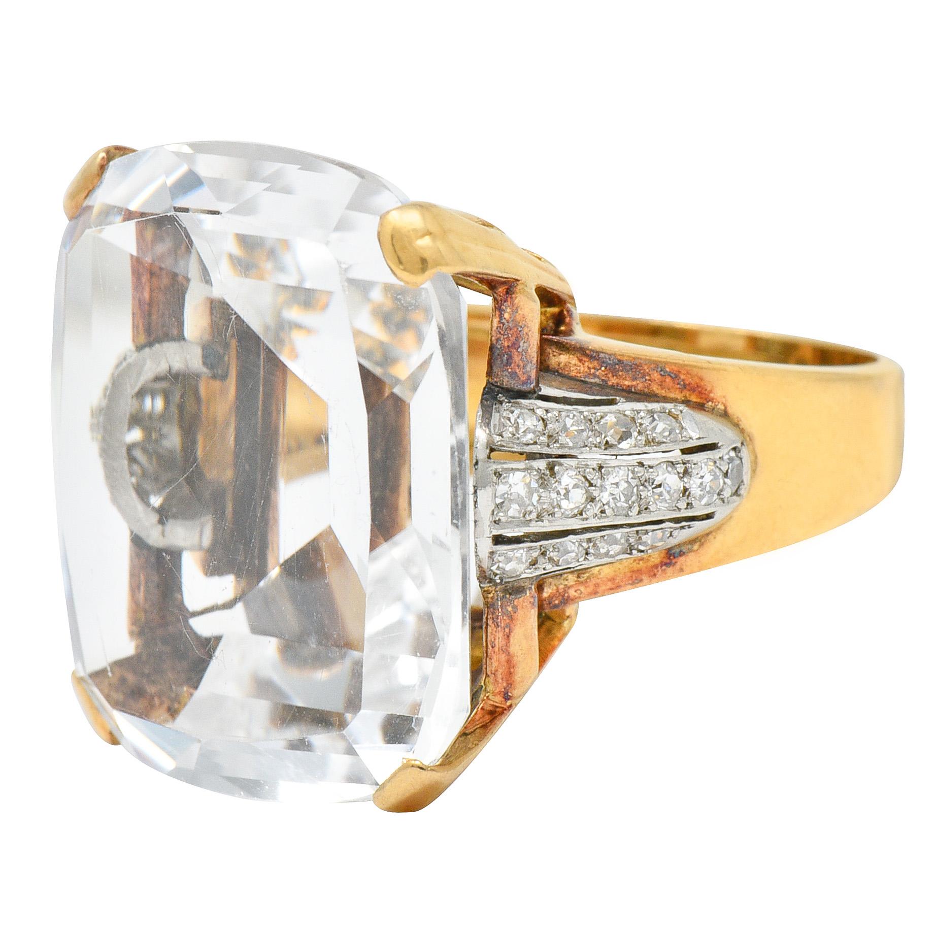 1950's Rock Crystal Quartz Diamond 18 Karat Two-Tone Gold Statement Ring In Excellent Condition In Philadelphia, PA