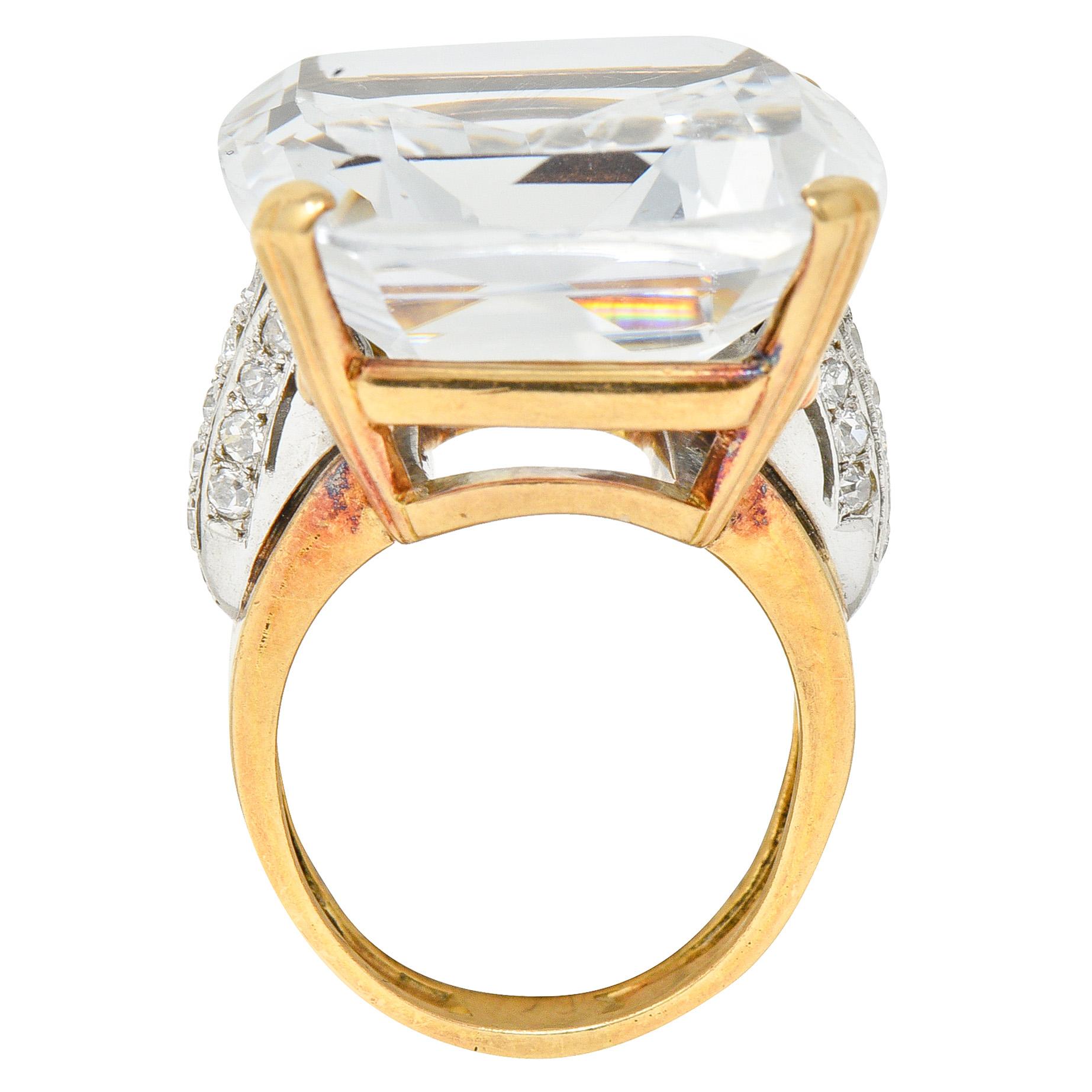 Women's or Men's 1950's Rock Crystal Quartz Diamond 18 Karat Two-Tone Gold Statement Ring