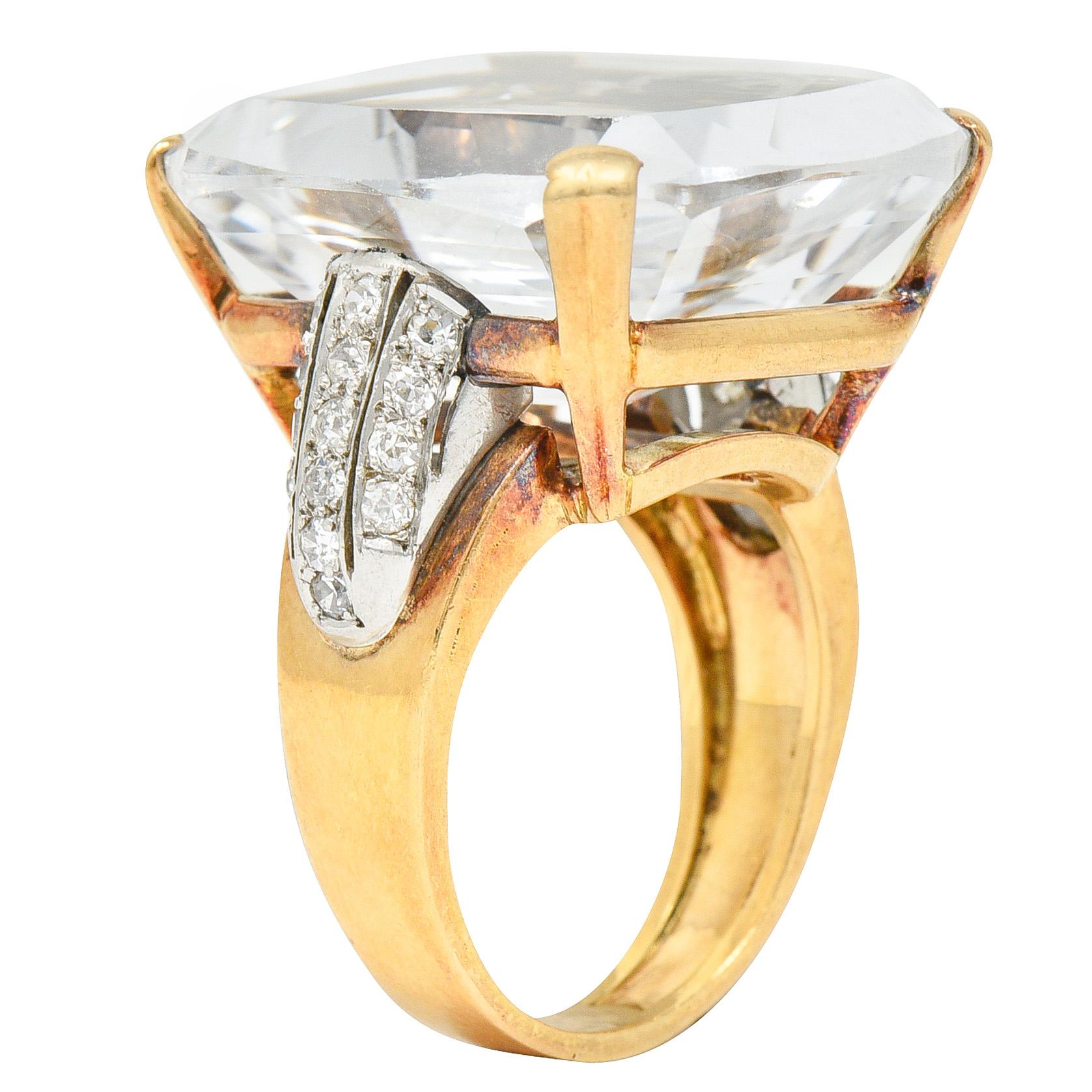 1950's Rock Crystal Quartz Diamond 18 Karat Two-Tone Gold Statement Ring 1