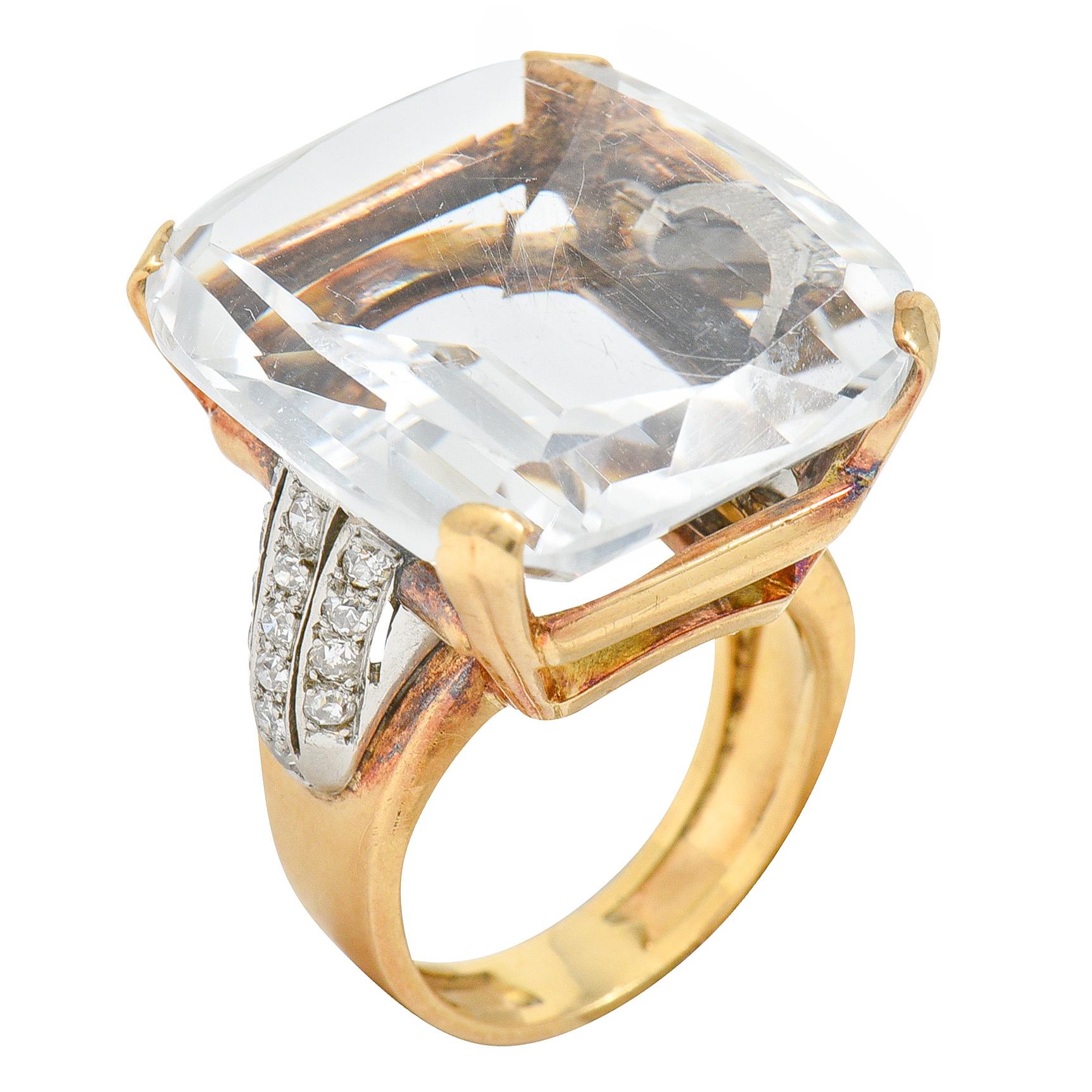 1950's Rock Crystal Quartz Diamond 18 Karat Two-Tone Gold Statement Ring 2