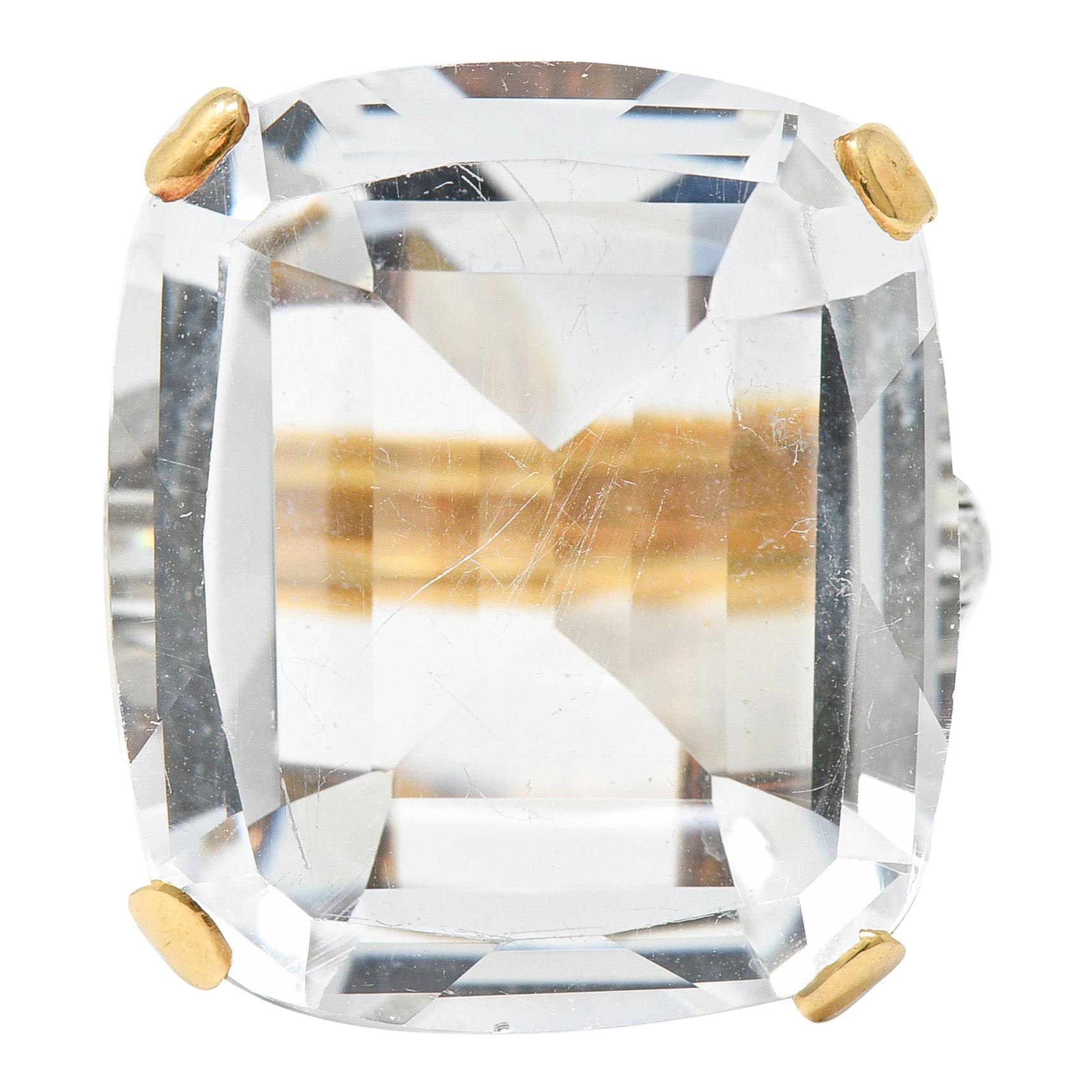 1950's Rock Crystal Quartz Diamond 18 Karat Two-Tone Gold Statement Ring