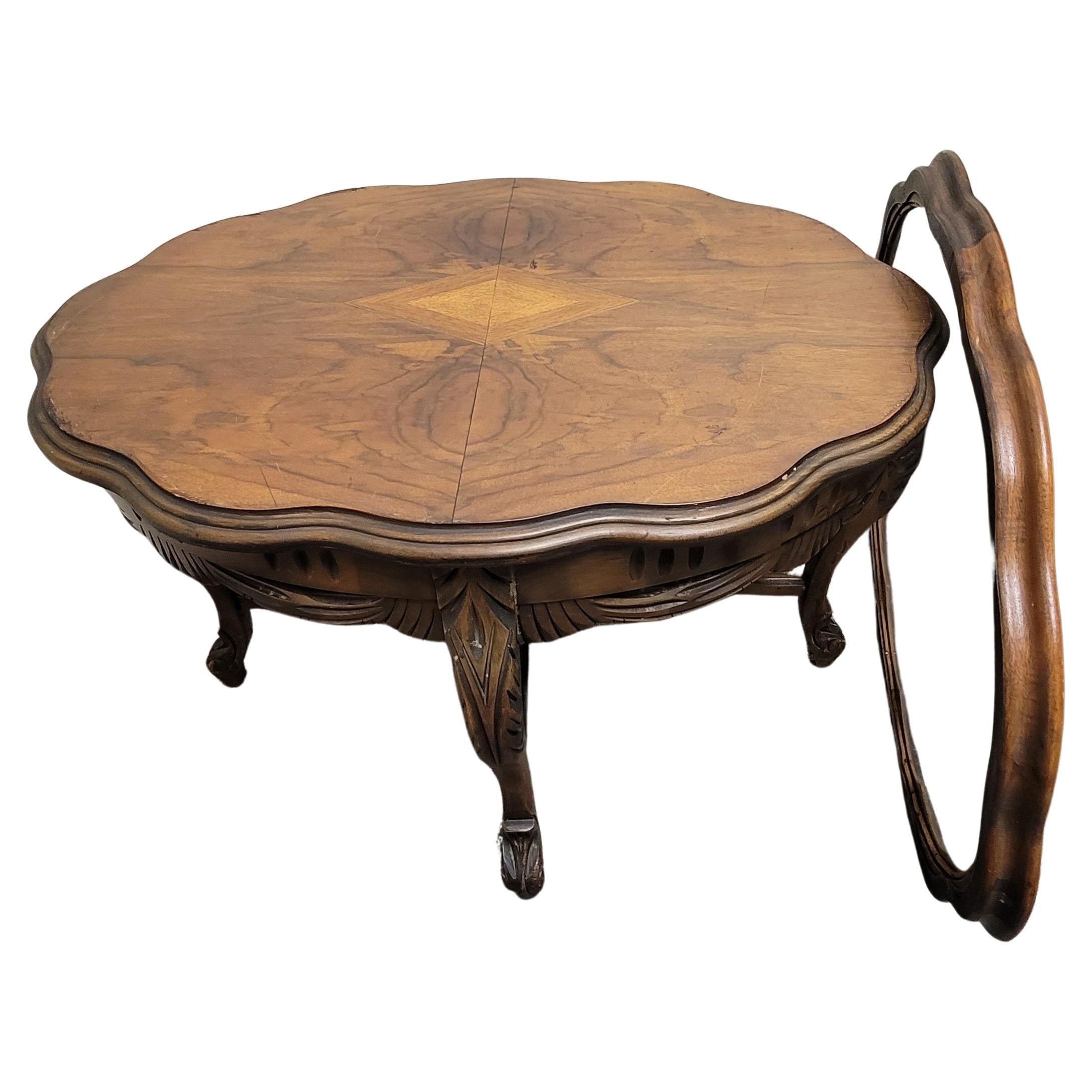 Rococo Revival 1950s Rococo Style Carved and Burled Walnut Glass Tray Top Oval Side Table For Sale