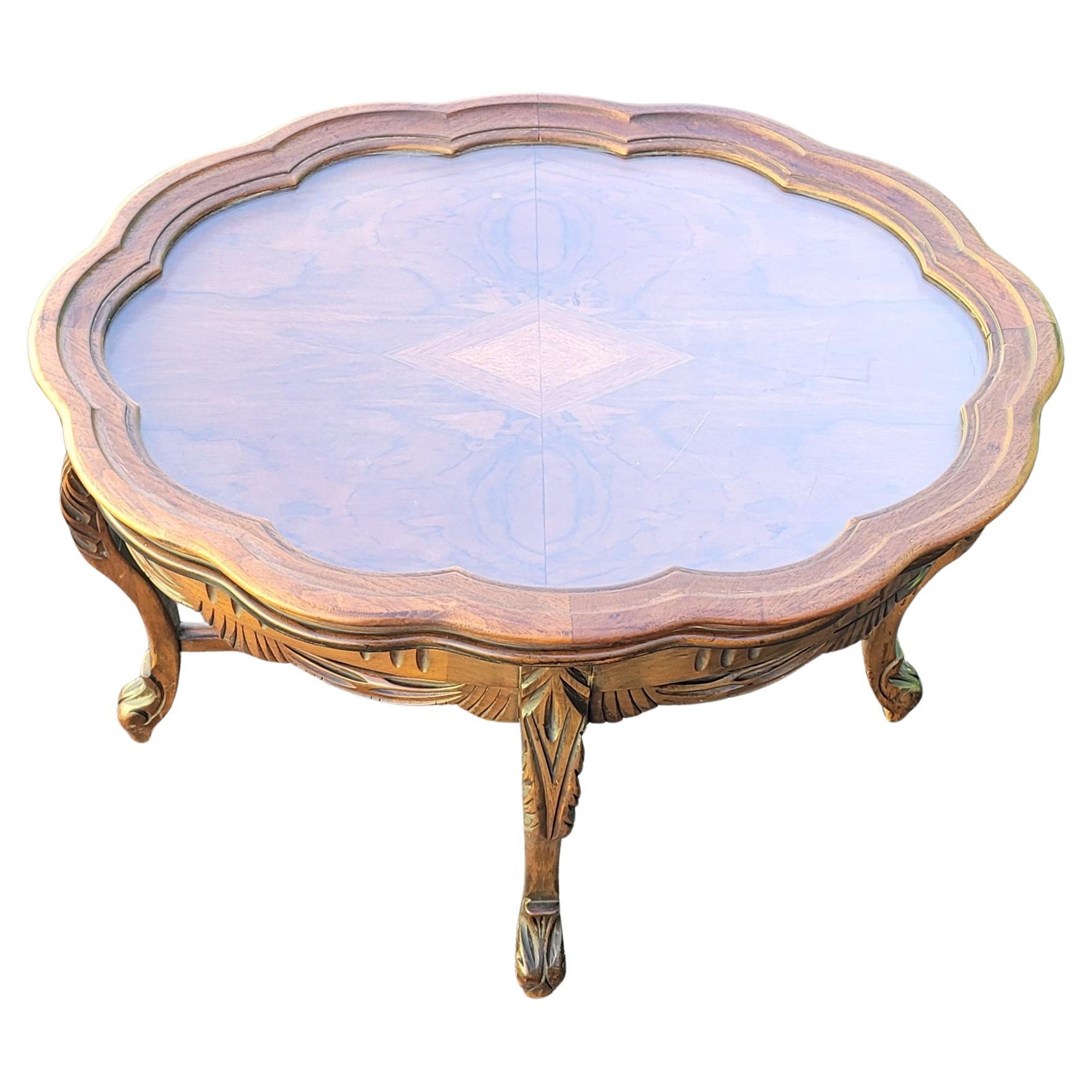 20th Century 1950s Rococo Style Carved and Burled Walnut Glass Tray Top Oval Side Table For Sale