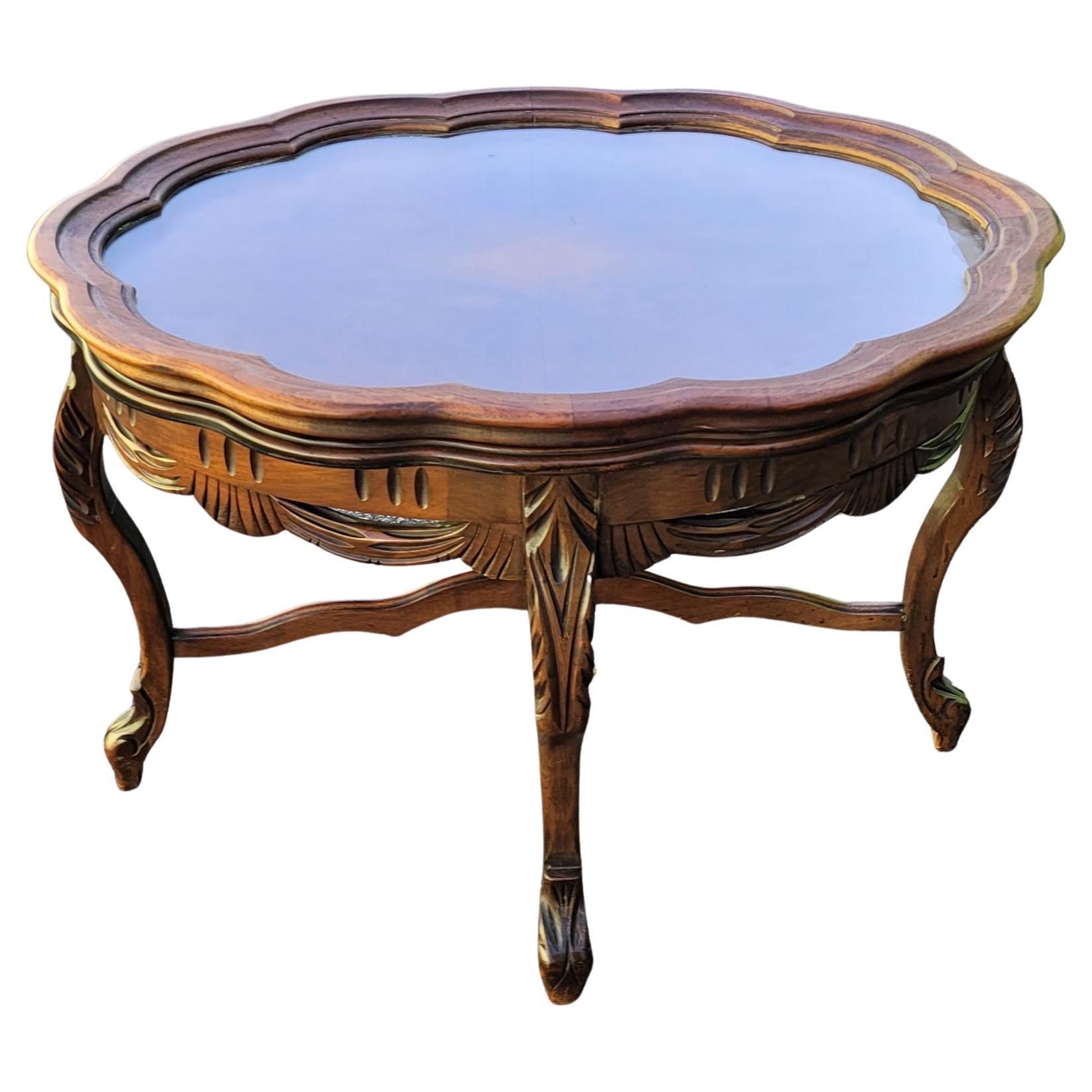 1950s Rococo Style Carved and Burled Walnut Glass Tray Top Oval Side Table For Sale 1