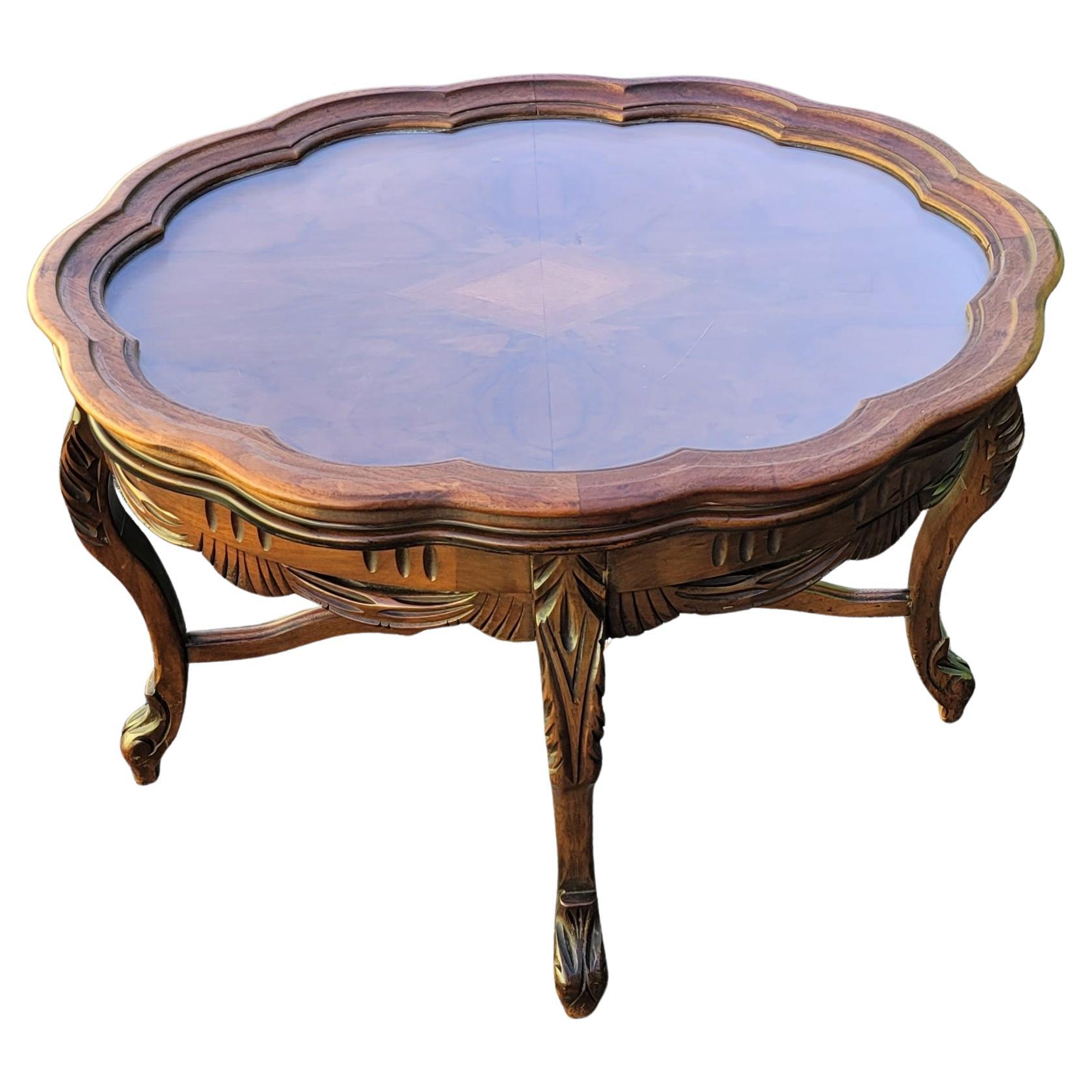 1950s Rococo Style Carved and Burled Walnut Glass Tray Top Oval Side Table
