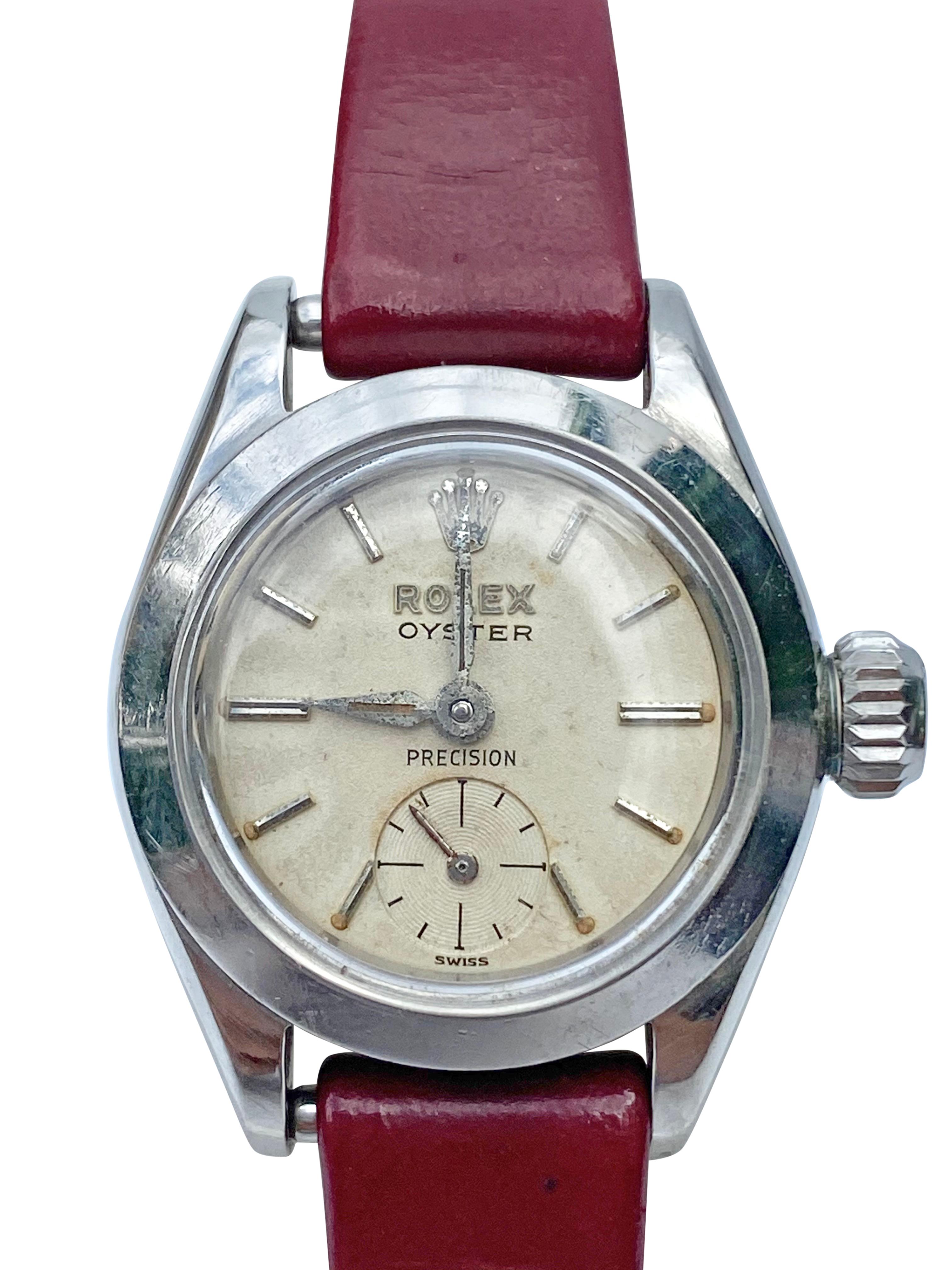 Vintage Rolex Oyster Precision stainless steel watch circa 1950. Manual wind movement caliber 10 1/2 is in full working condition. Case 30mm with original crystal and original crown. Untouched dial with a nice patina. Aftermarket genuine leather