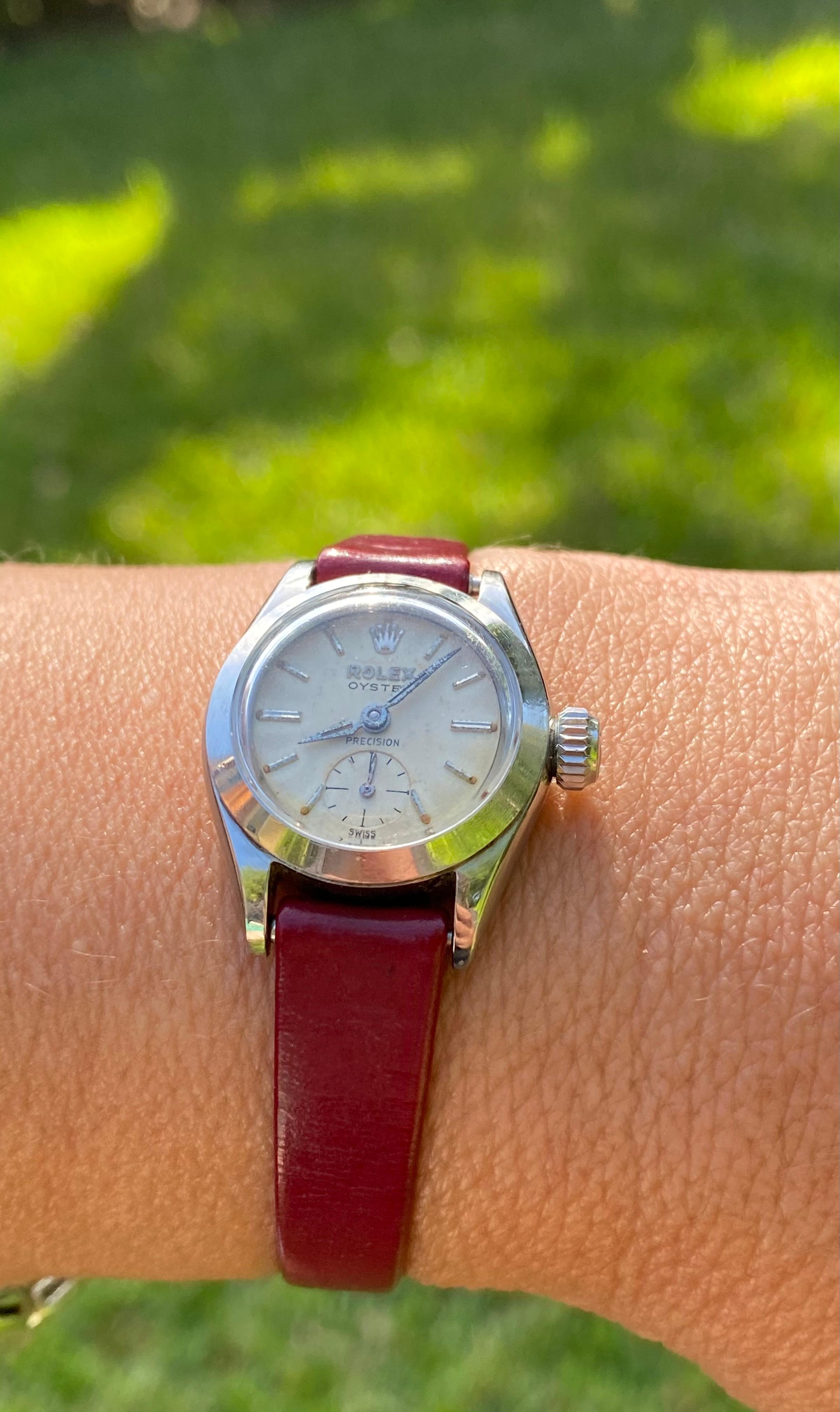 Rolex Oyster Speedking Precision des années 1950 avec bracelet en cuir rouge en vente 5