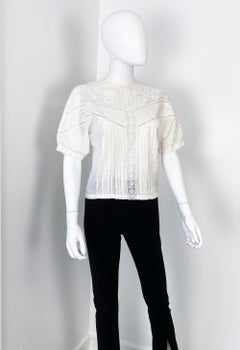 Camicetta romantica anni '50 in cotone bianco sporco con carré ricamato, taglia 8