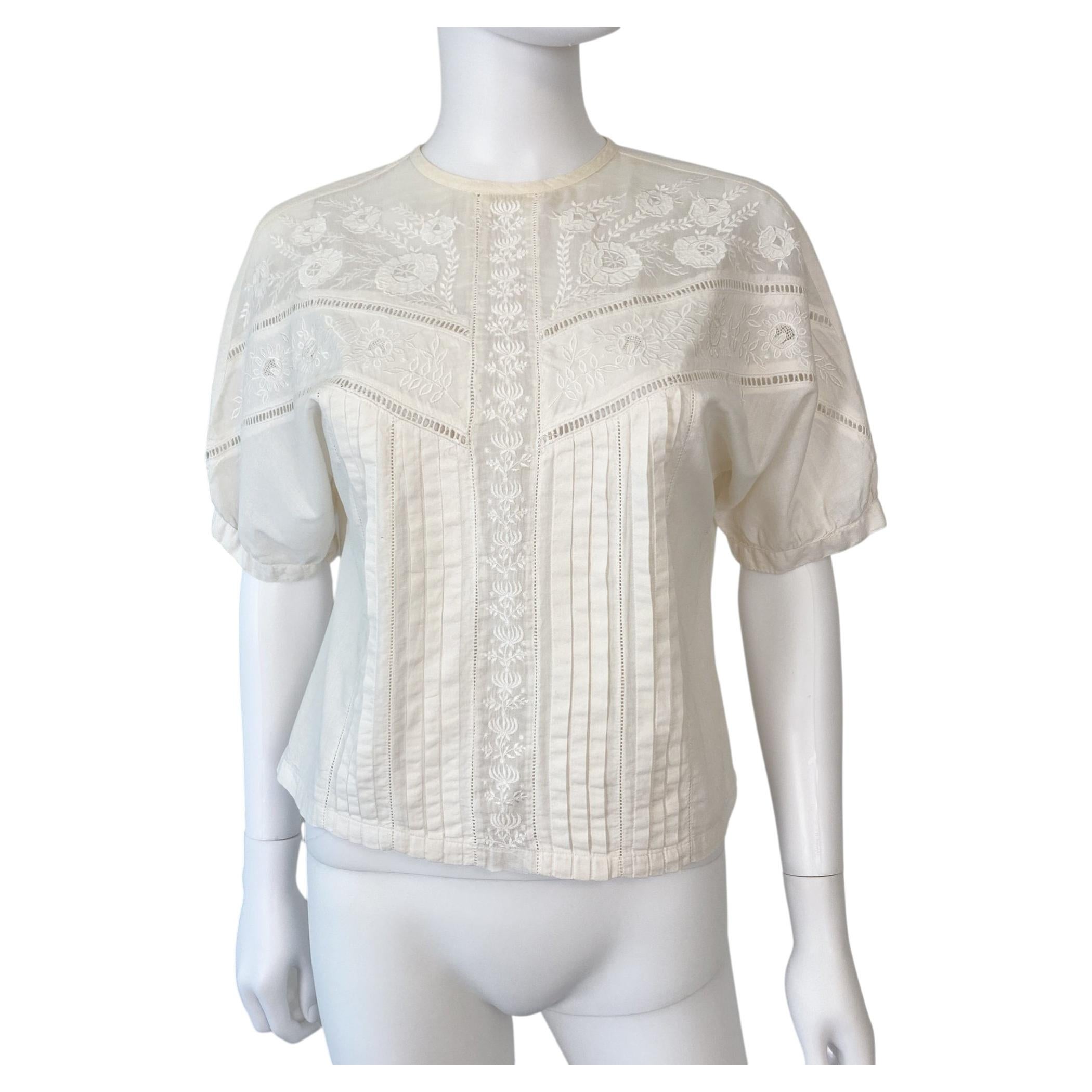 1950er Jahre Romantische Off-White Baumwollbluse mit gestickter Passe, Größe 8