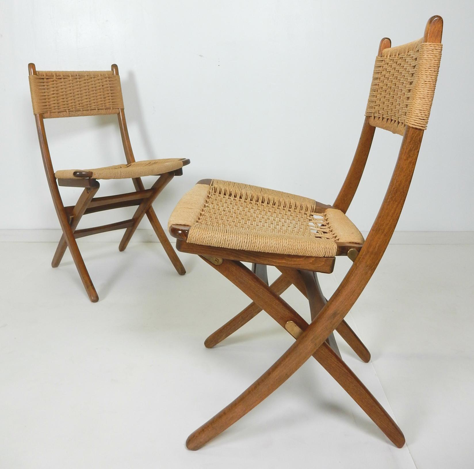 1950s Rope Upholstered Scissor Dining Chairs in the Style of Hans Wegner 1