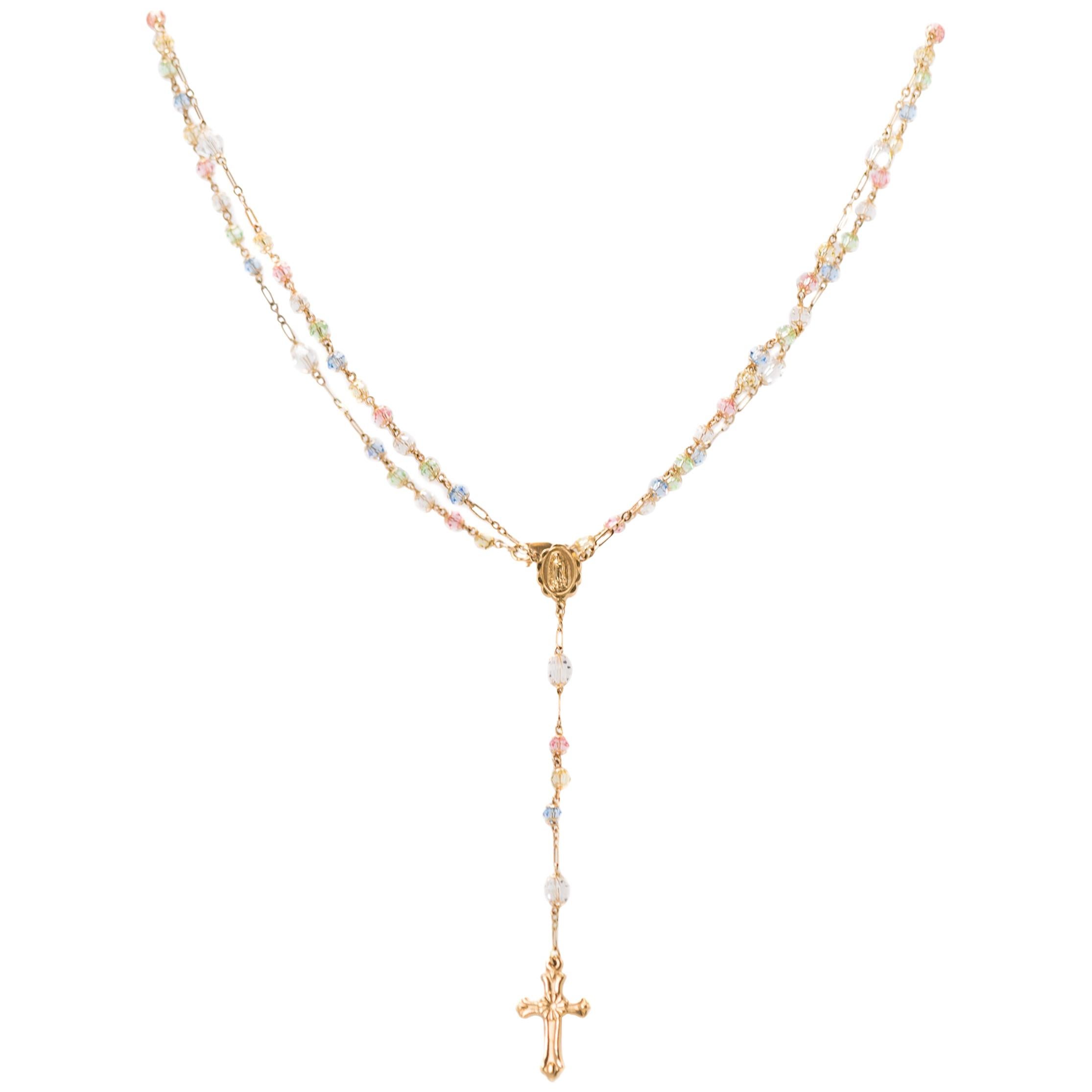 1950s Rosary Necklace 14 Karat Yellow Gold, Pastel Crystal Beads