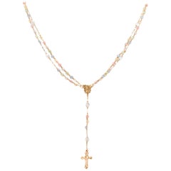 1950s Rosary Necklace 14 Karat Yellow Gold, Pastel Crystal Beads