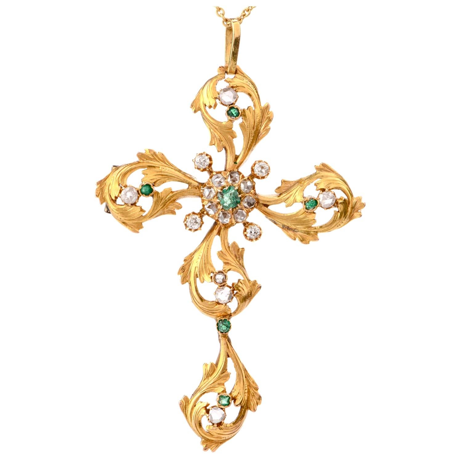 1950s Rose Cut Diamond Emerald 18 Karat Cross Pendant Brooch