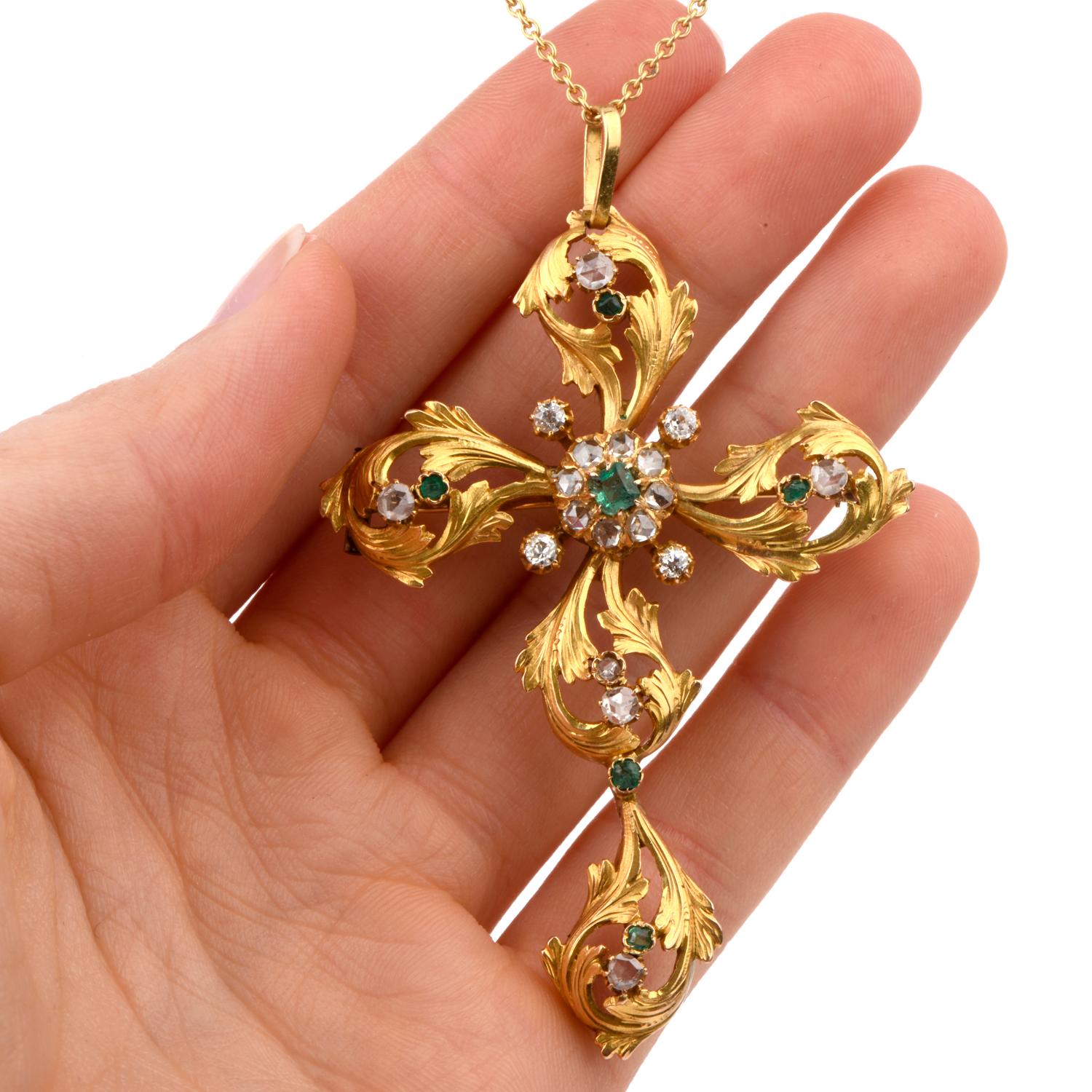 1950s Rose Cut Diamond Emerald 18 Karat Cross Pendant Brooch 1