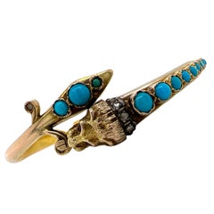 1950's Rose Cut Diamond Turquoise Yellow Gold Lion Head Hinged Bangle Bracelet