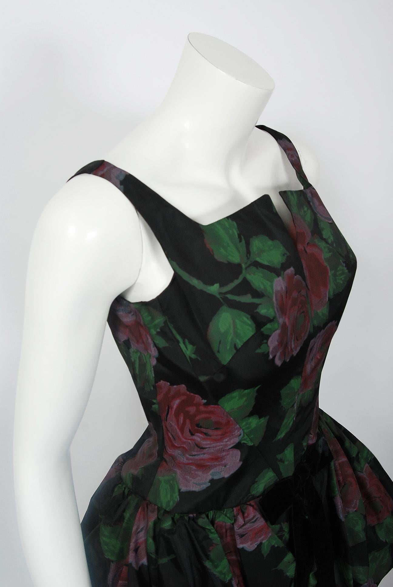Black 1950's Rose Garden Floral Print Taffeta Sculpted Bubble-Peplum Cocktail Dress