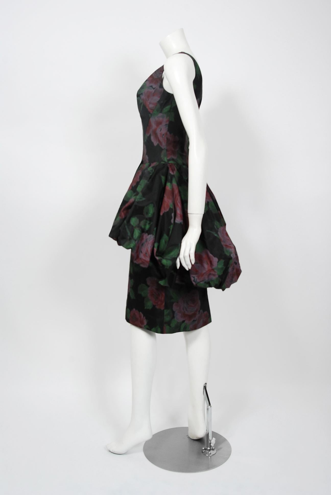 1950's Rose Garden Floral Print Taffeta Sculpted Bubble-Peplum Cocktail Dress 1