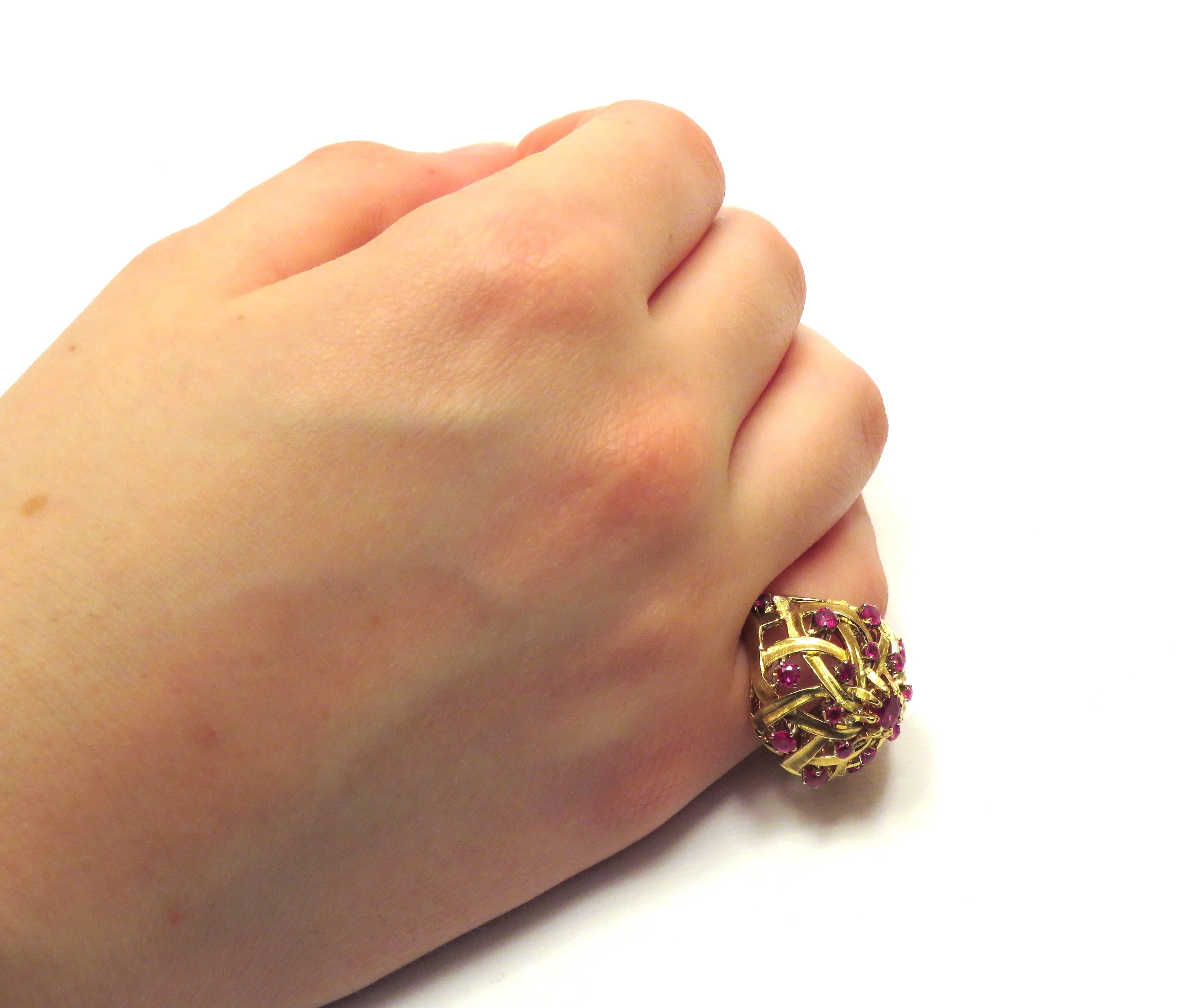 Round Cut 1950s Rose Gold Rubies Dome Engraved Little Finger 18 Carat Ring