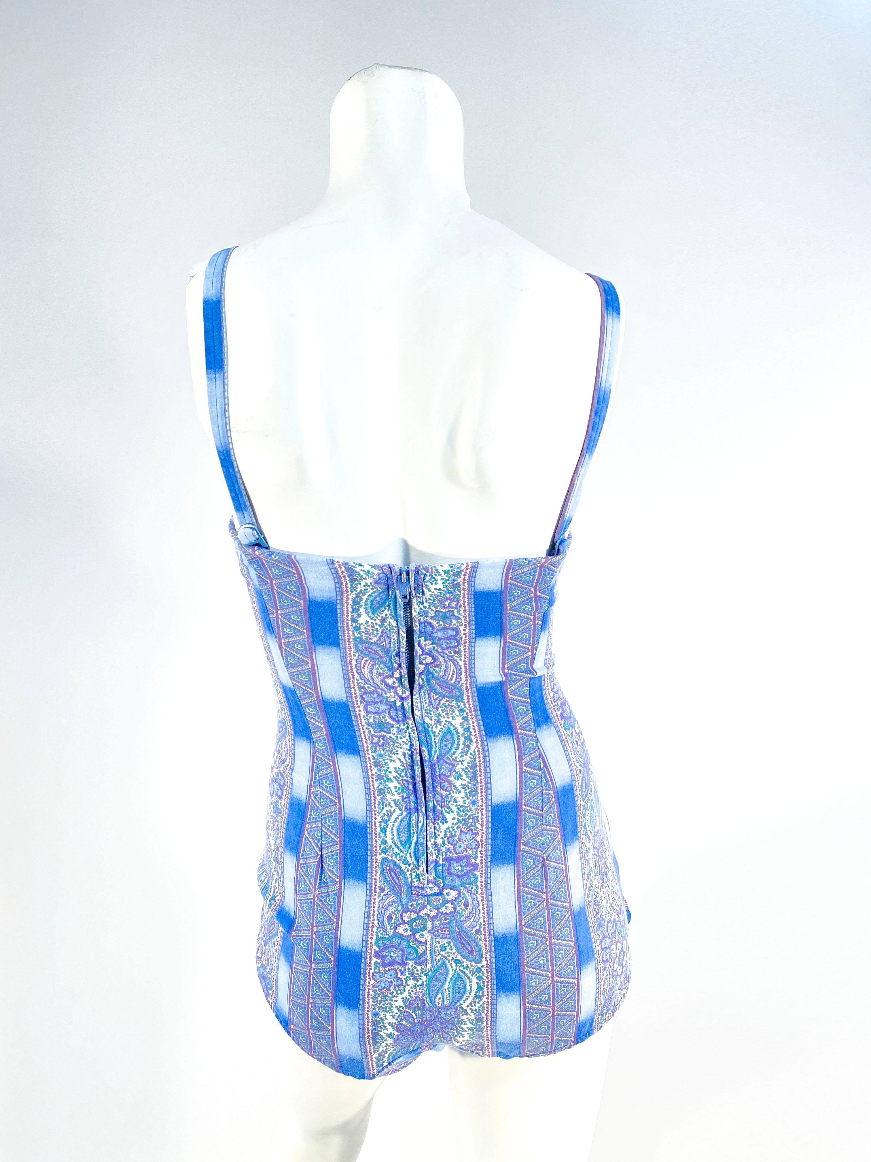 Blue 1950s Rose Marie Paisley Stripped Printed Bathing Suit