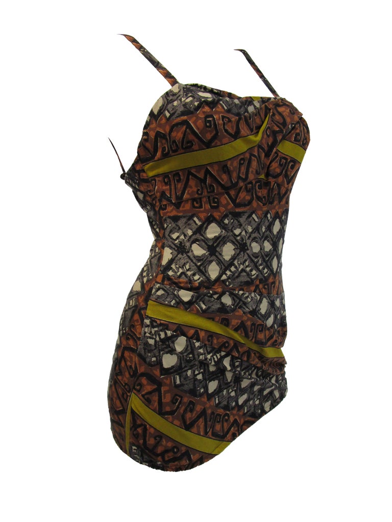 1950's Rose Marie Reid Polynesian Print Draped Bathing Suit For Sale at