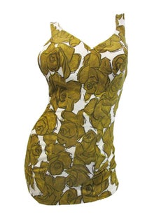 1950's Rose Marie Reid White and Gold Cotton Floral Bathing Suit