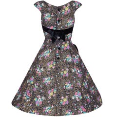 1950s Rose Print Cotton Dress With Black Velvet Bow