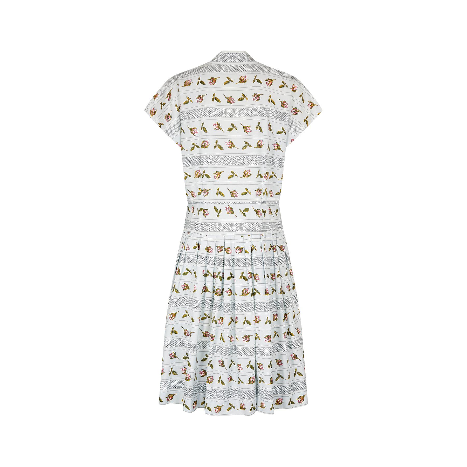 Gray 1950s Rose Print V-Neck Shirt-Waister Dress
