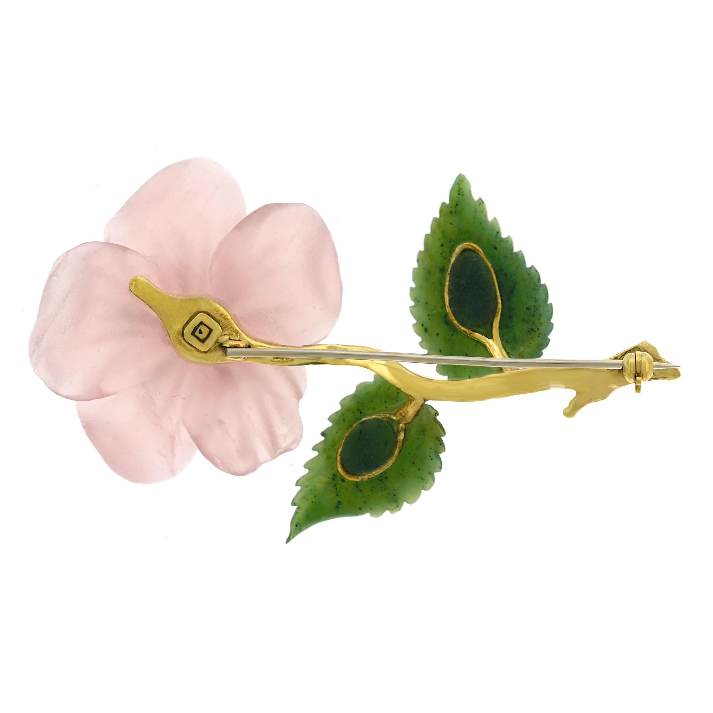 1950s Rose Quartz, Jade and Diamond Set Flower Brooch 4