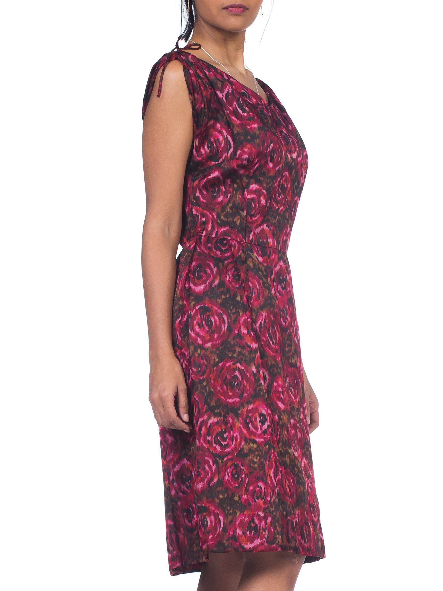 Brown 1950S Cranberry Red & Black Silk Satin Floral Ikat Cocktail Dress