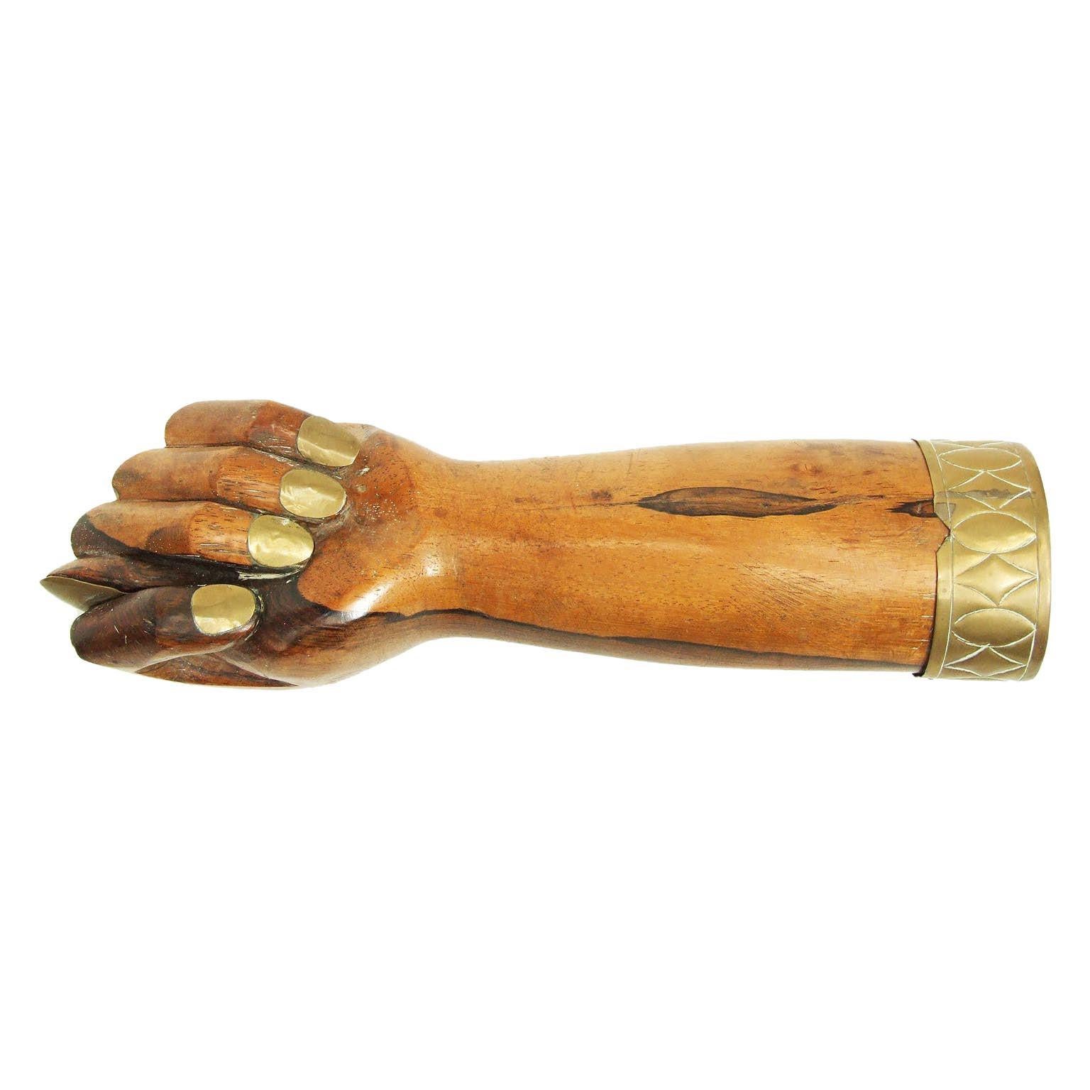1950s Rosewood and Brass Figa Fist Hand Sculpture For Sale