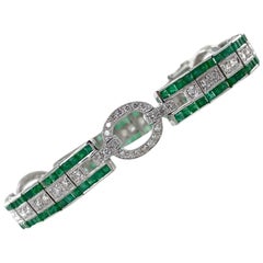 1950s Round Brilliant Diamond Square Cut Emerald 18 Karat White Gold Bracelet