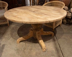 1950s Round Dining Table in Natural Wood with Carved Central Base