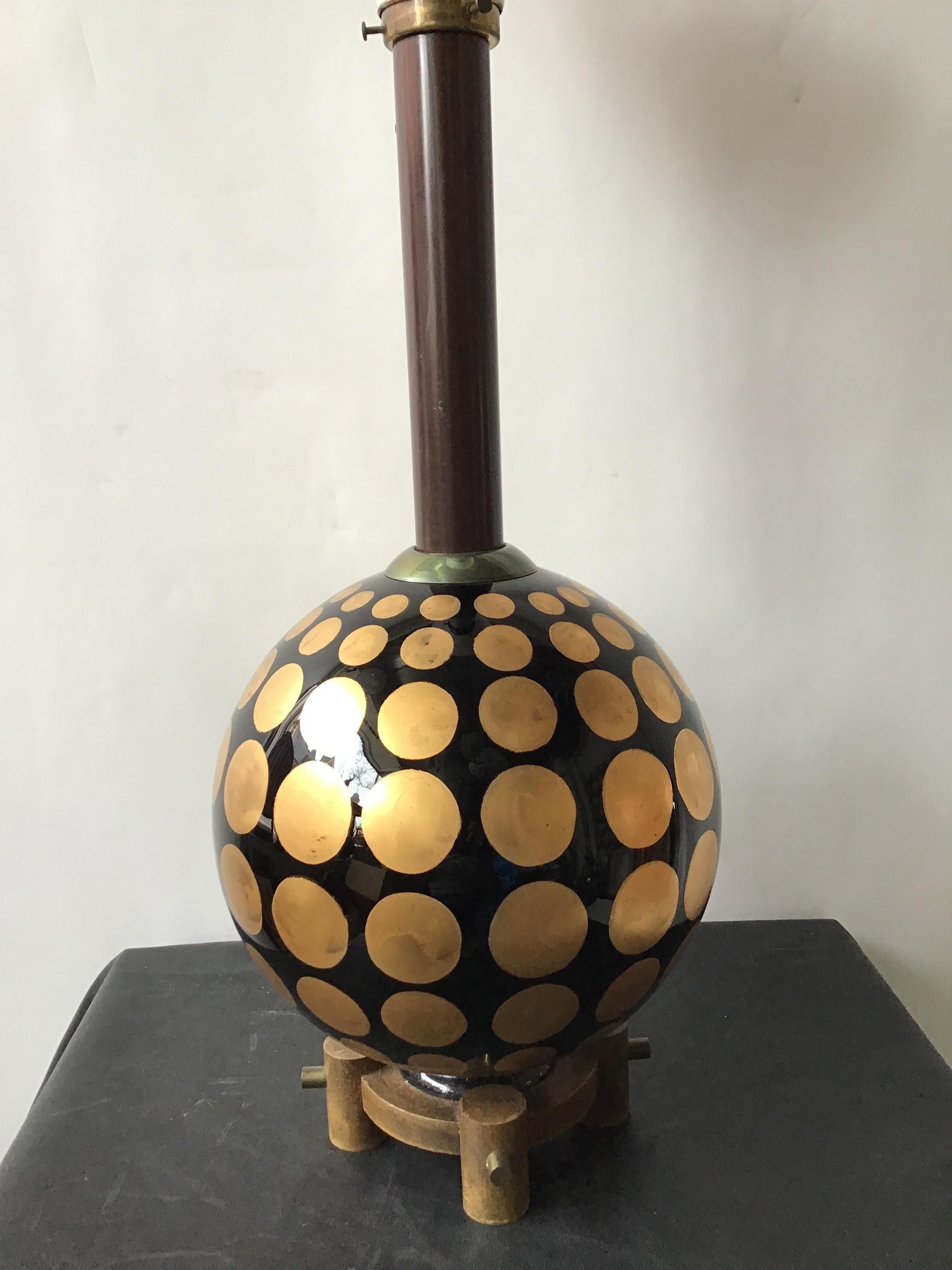 1950s Round Glass Lamp with Gold Painted Circles In Good Condition In Tarrytown, NY