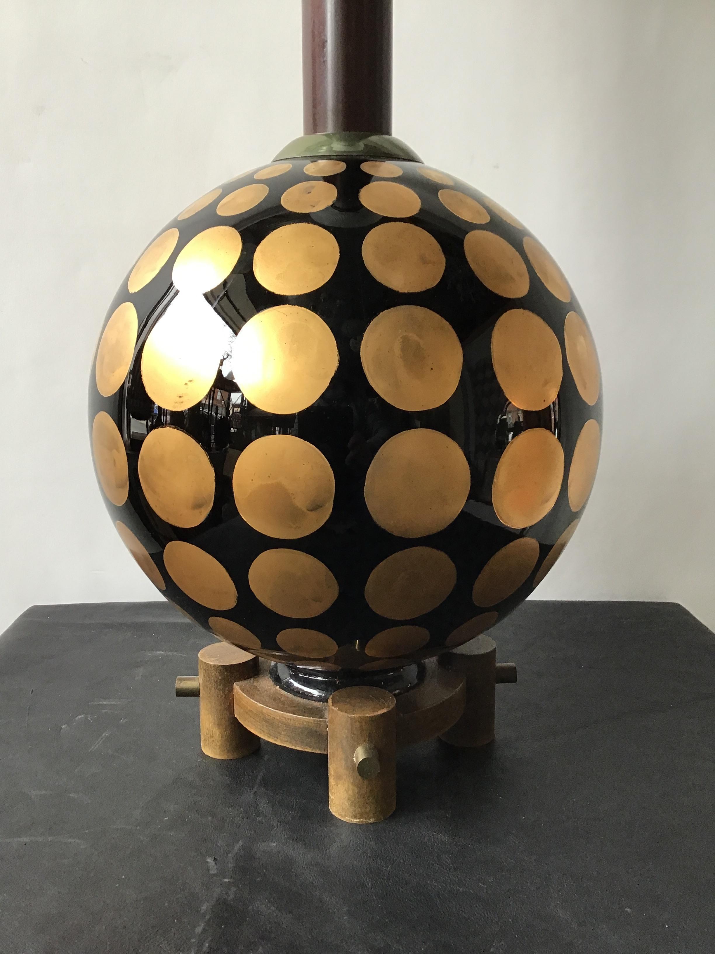 Mid-20th Century 1950s Round Glass Lamp with Gold Painted Circles