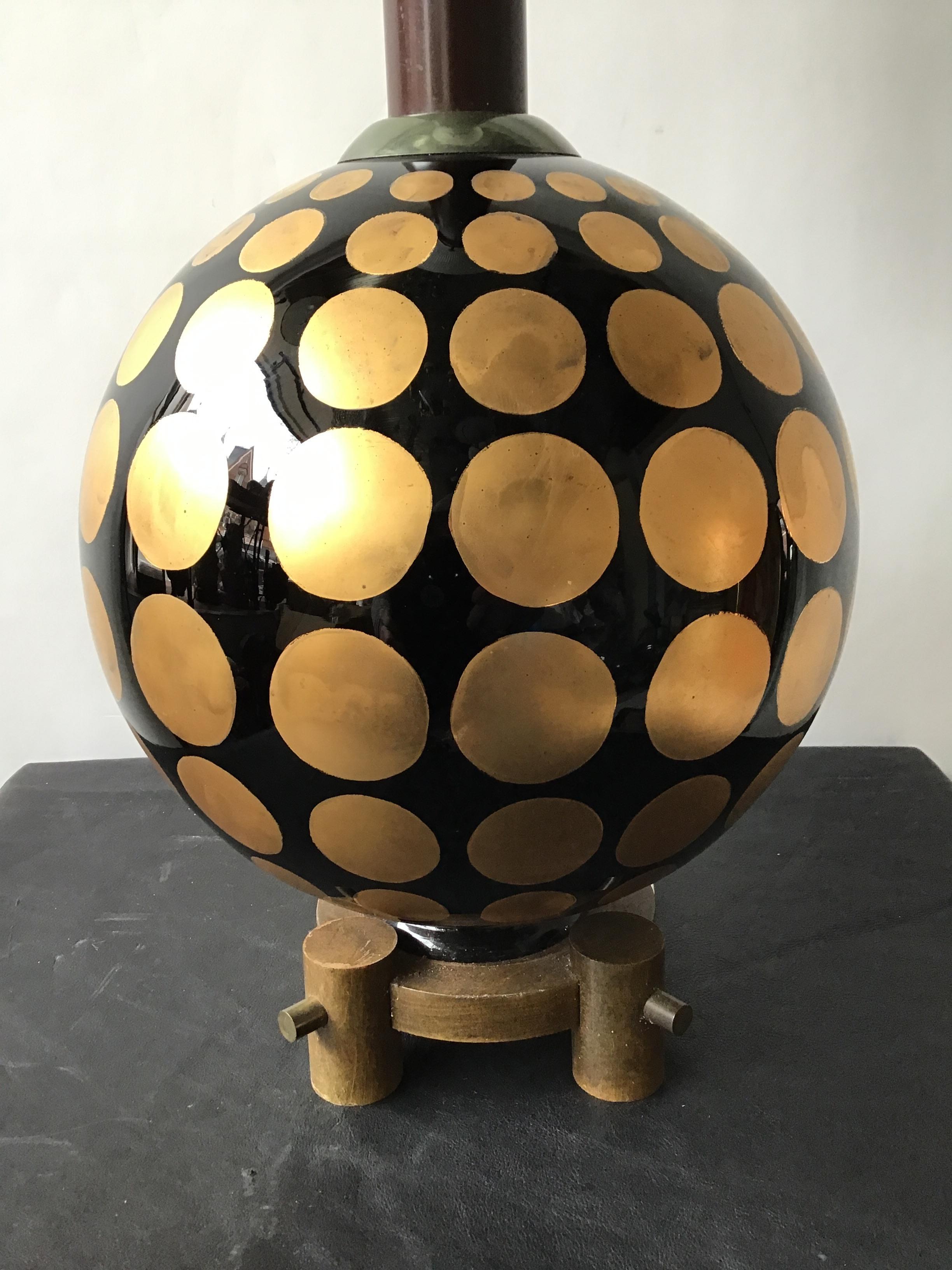 1950s Round Glass Lamp with Gold Painted Circles 1