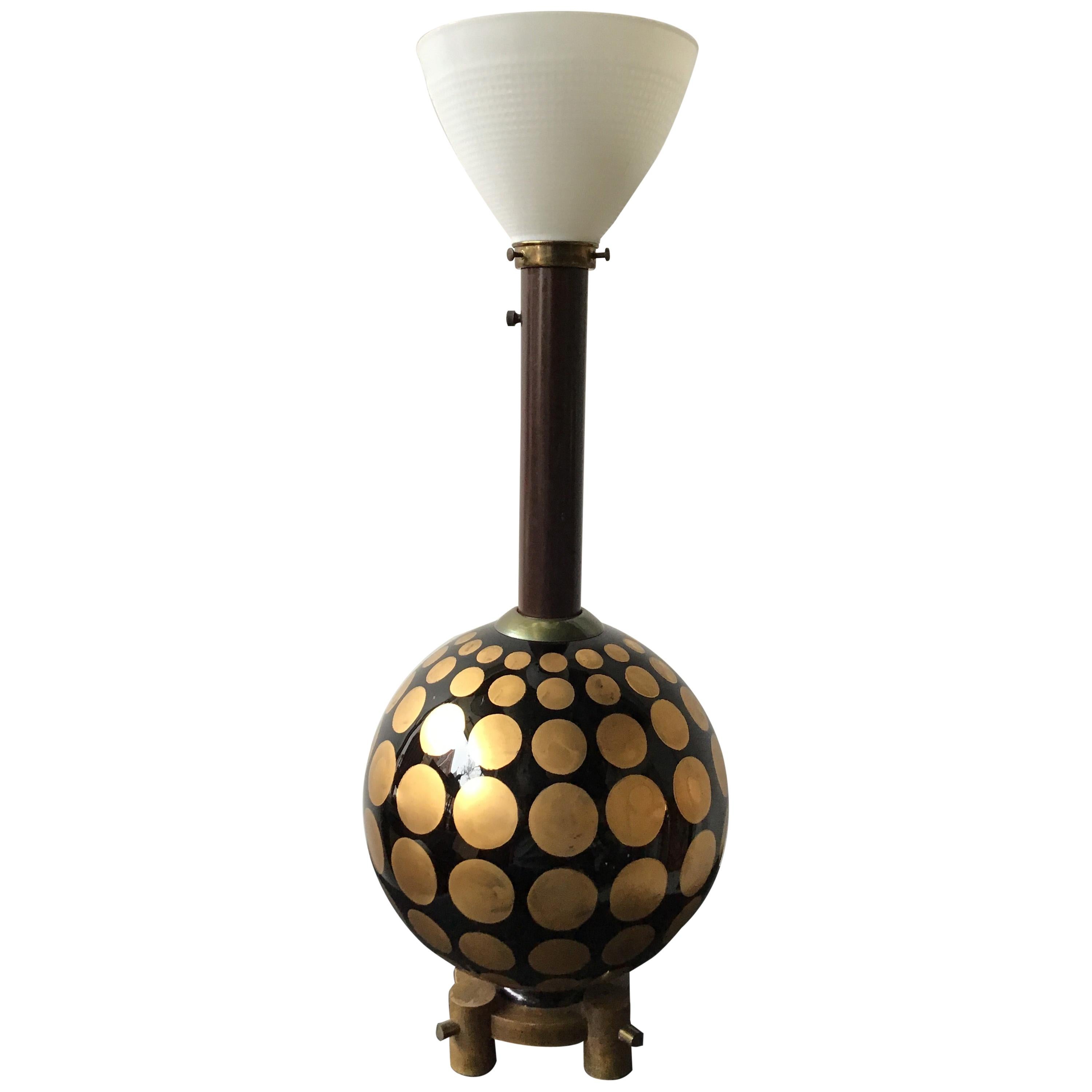 1950s Round Glass Lamp with Gold Painted Circles