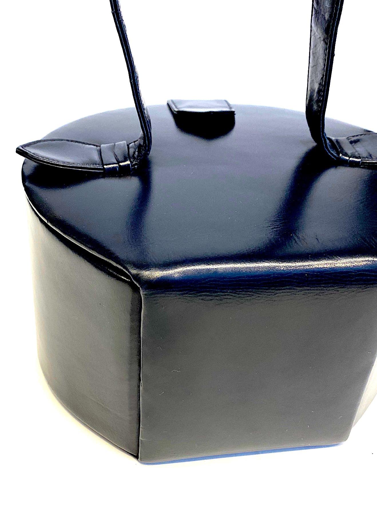 1950s Round Midnight Navy Leather Box Bag 11