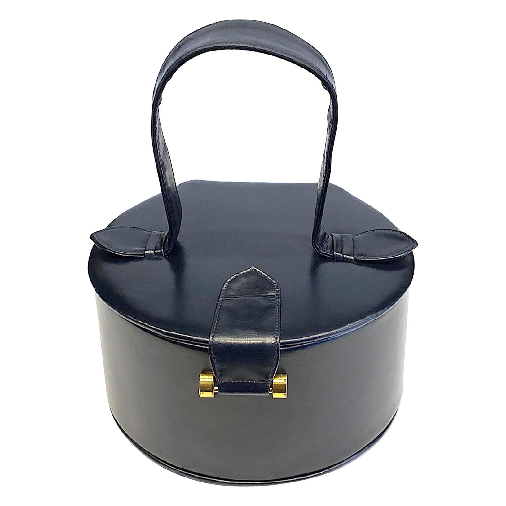 1950s Round Midnight Navy Leather Box Bag