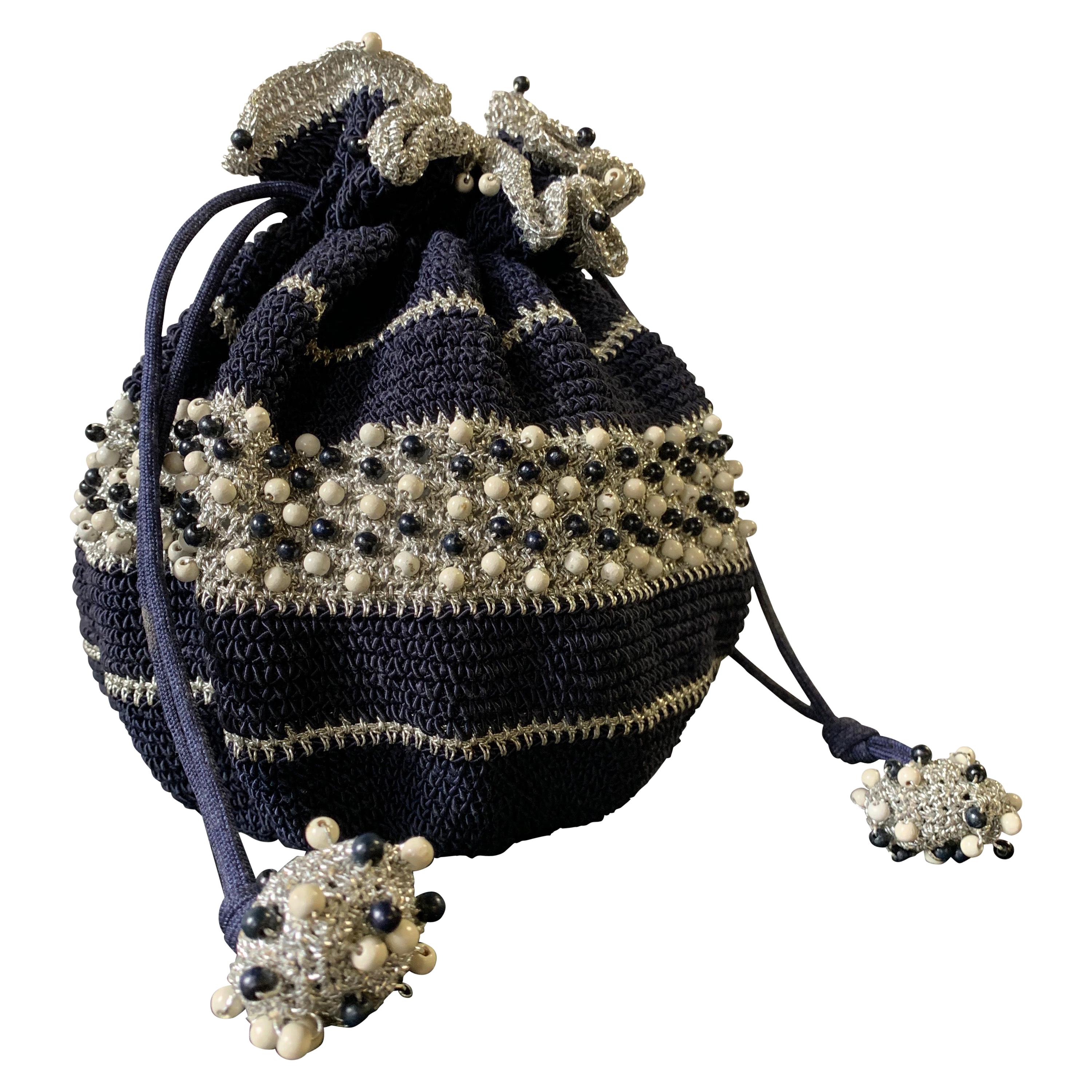 1950s Round Navy & Silver Metallic Crochet Summer Handbag W/ Wooden Beading For Sale
