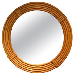 1950s Round Rattan / Bamboo Mirror Midcentury Five Stands