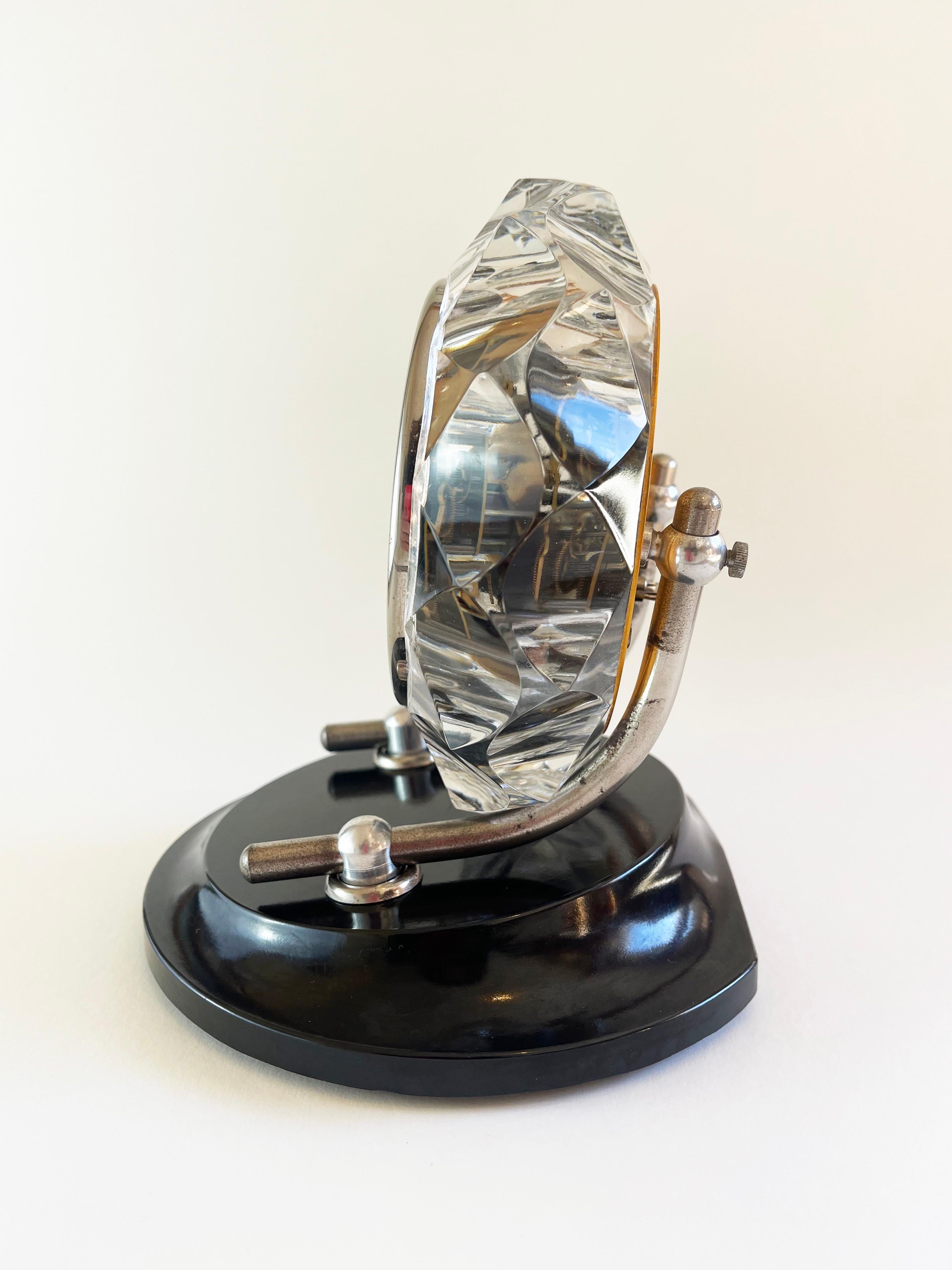 Russian 1950s Round Table Clock Art Deco Style, Cut Glass and Bakelite, by Majak For Sale